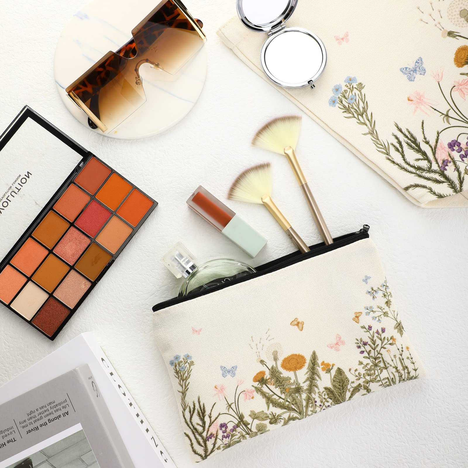 Sadnyy 2 Pcs Wildflower Canvas Tote Bags For Women Cute Aesthetic Floral Makeup Bags Valentine Gift For Teacher Coworker Travel