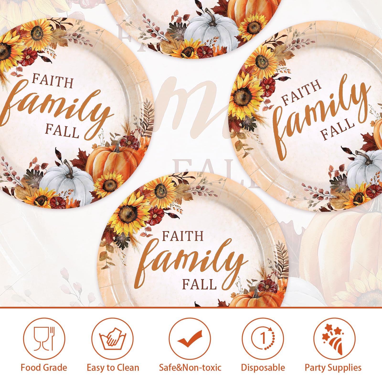 Grencian 50Pcs Fall Faith Family Party Plates 9in Disposable Heavy Duty Fall Pumpkin Sunflower Desert Paper Plates for Autumn Th