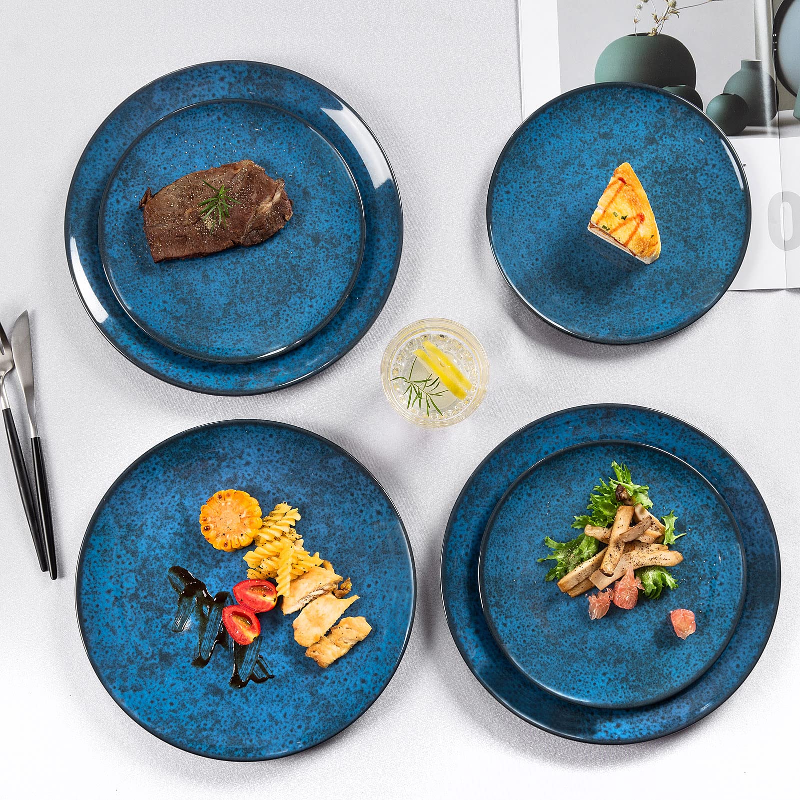 Gofunfun Melamine Dinnerware Sets for 4, Dinner Plates Bowls Set, Unbreakable Melamine Classic Blue Dinnerware, Dishwasher Safe