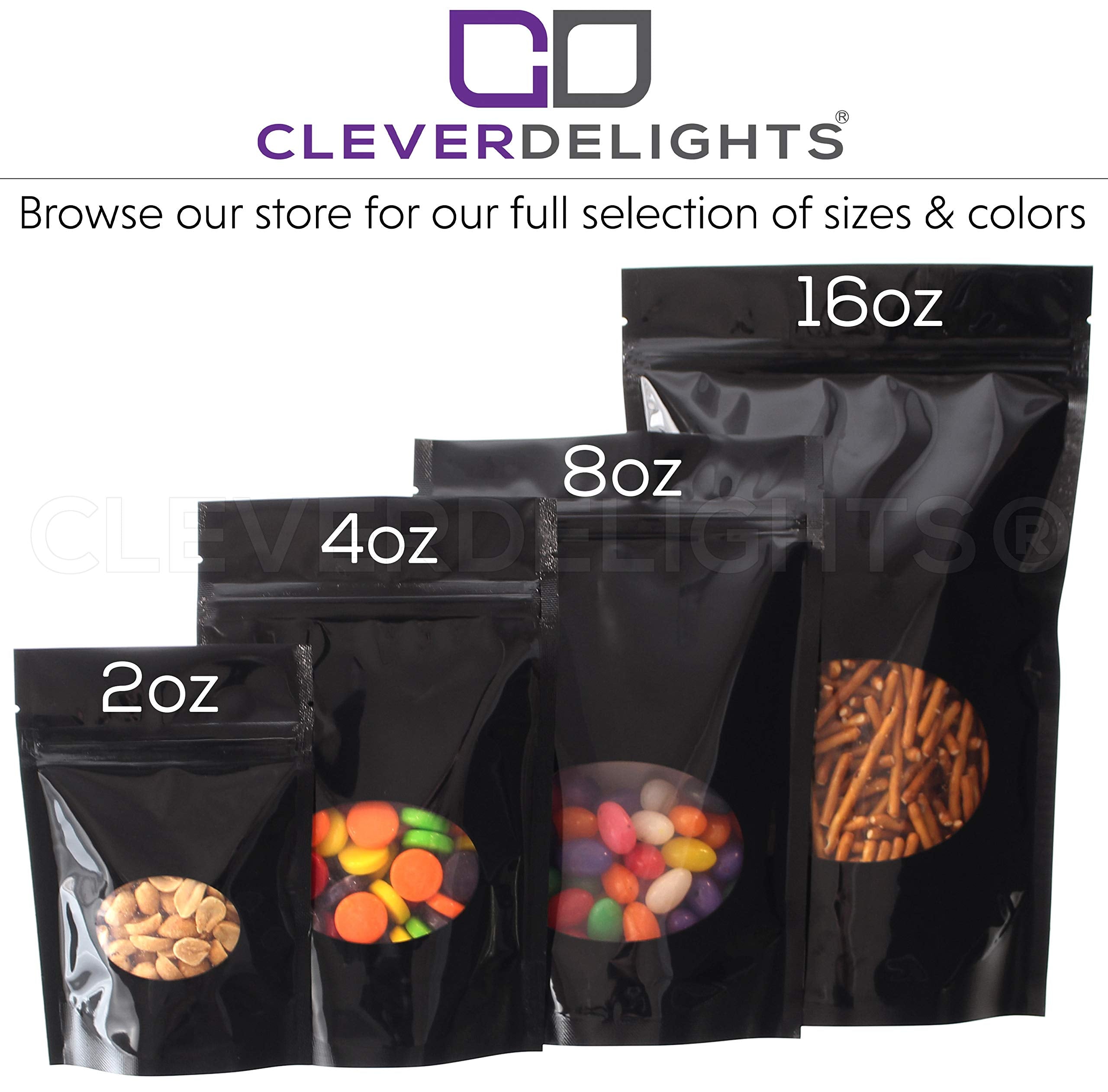 Cleverdelights Glossy Black Window Stand Up Pouches - 8Oz - 100 Pack - 6 '' X 9 '' X 3 '' - Resealable Bag