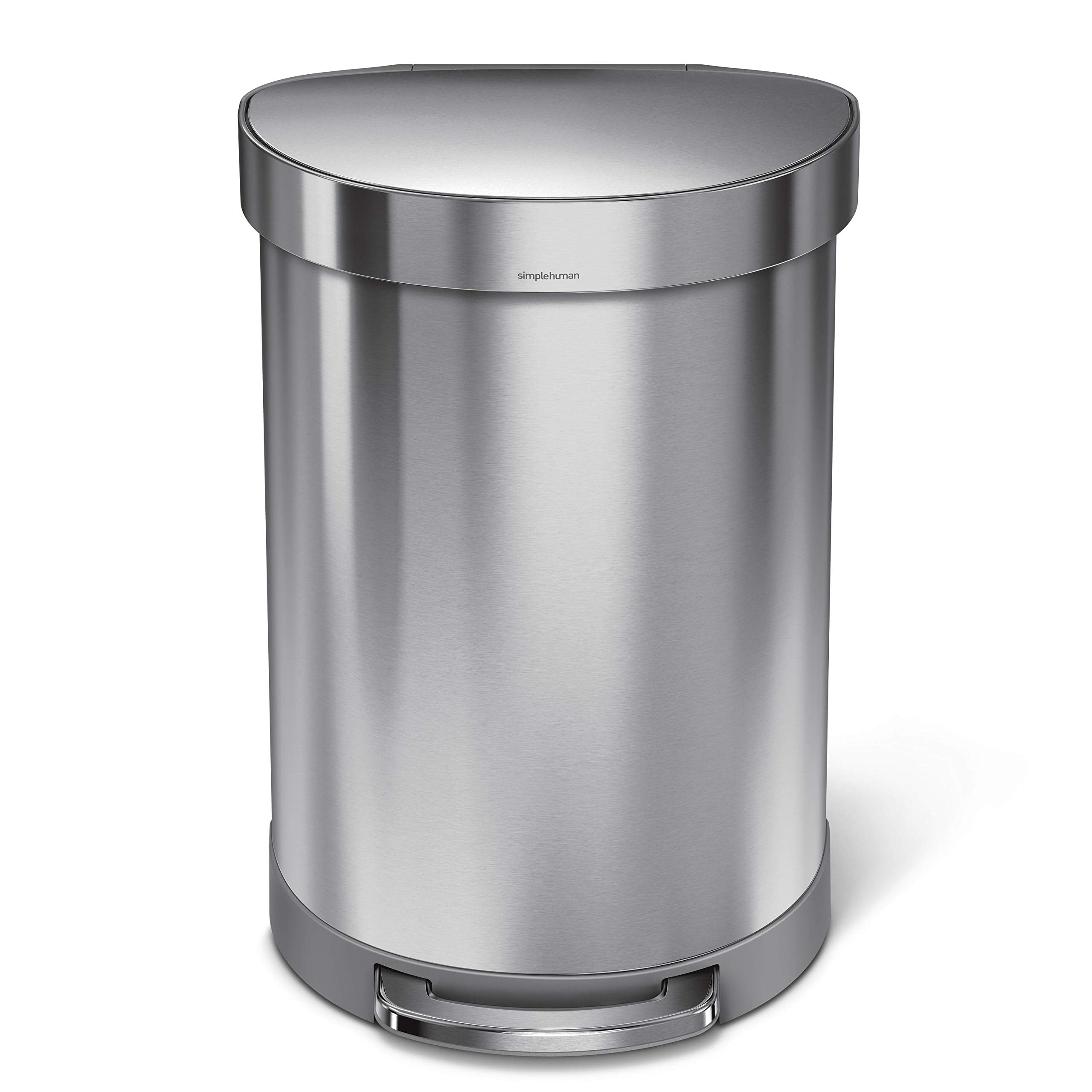 Simplehuman 60 Liter Semi-Round Hands-Free Kitchen Step Stainless Steel Trash Can With Soft-Close Lid, Brushed