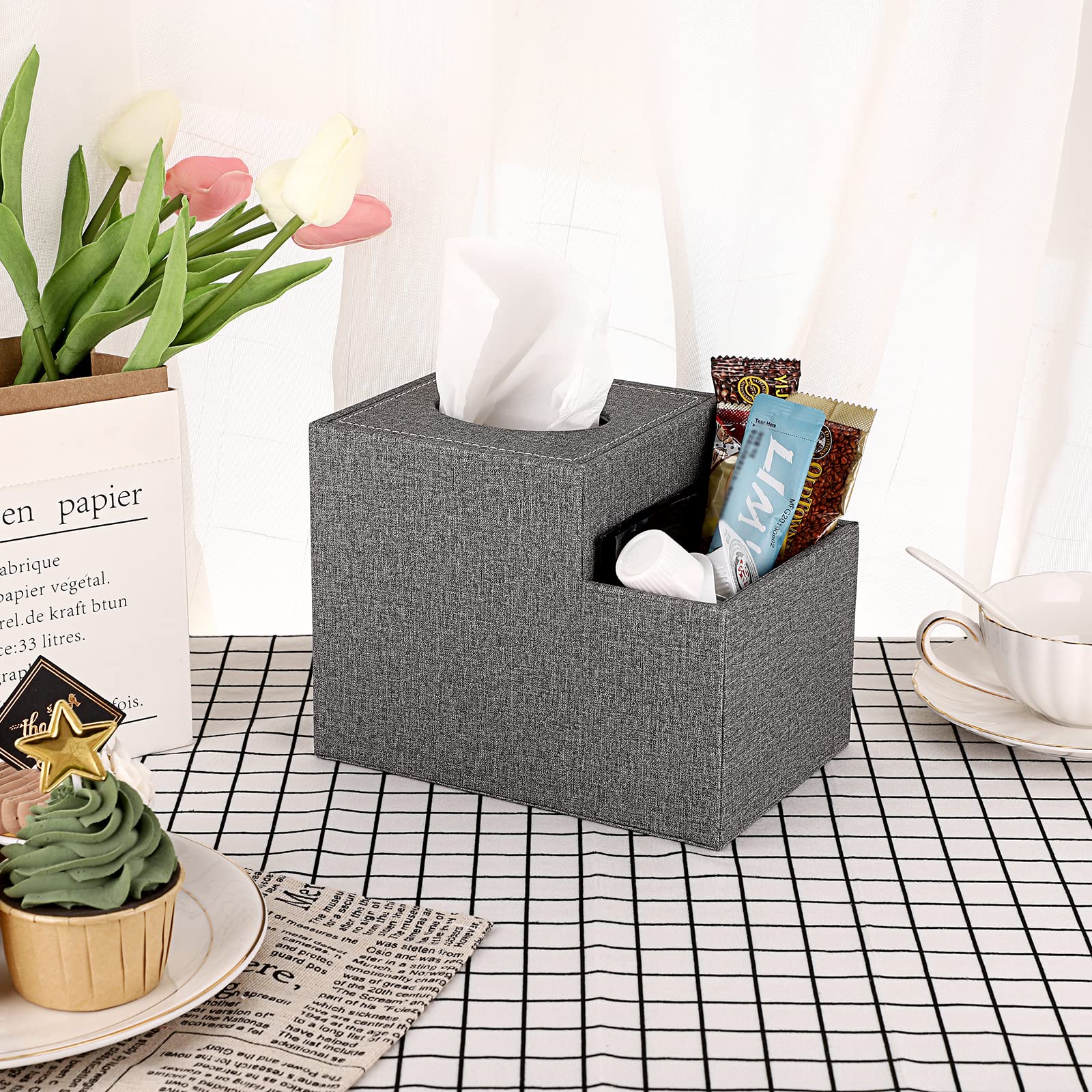 Sumnacon Square Linen Tissue Box Cover - Stylish Cube Tissue Box Holder With Side Organizer, Decorative Tissue Box For Living Ro