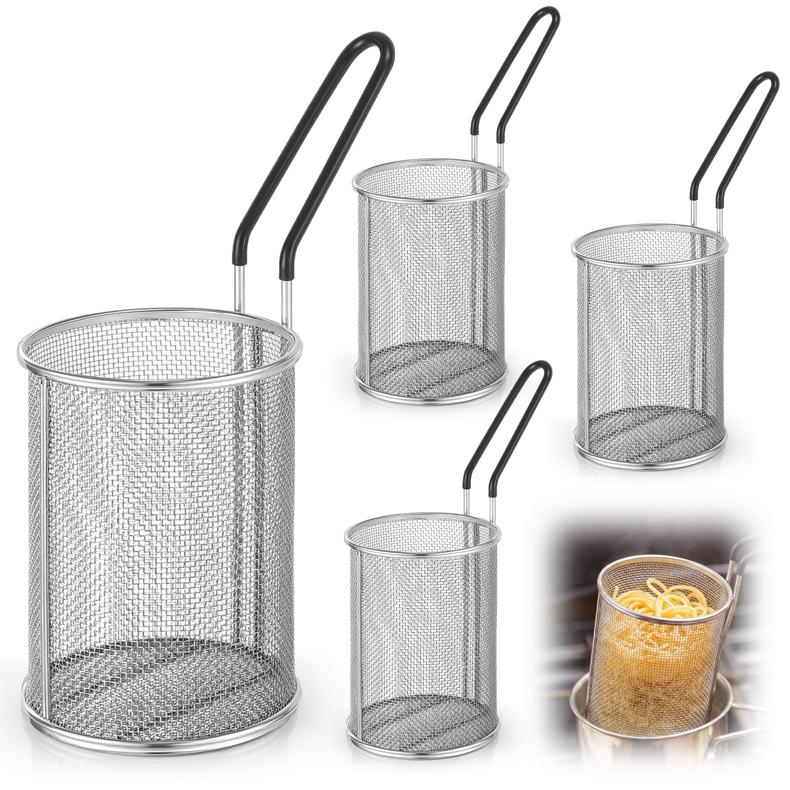 Blulu 4 Pack Stainless Steel Pasta Strainer Baskets 51/4 D x 7 H, Black