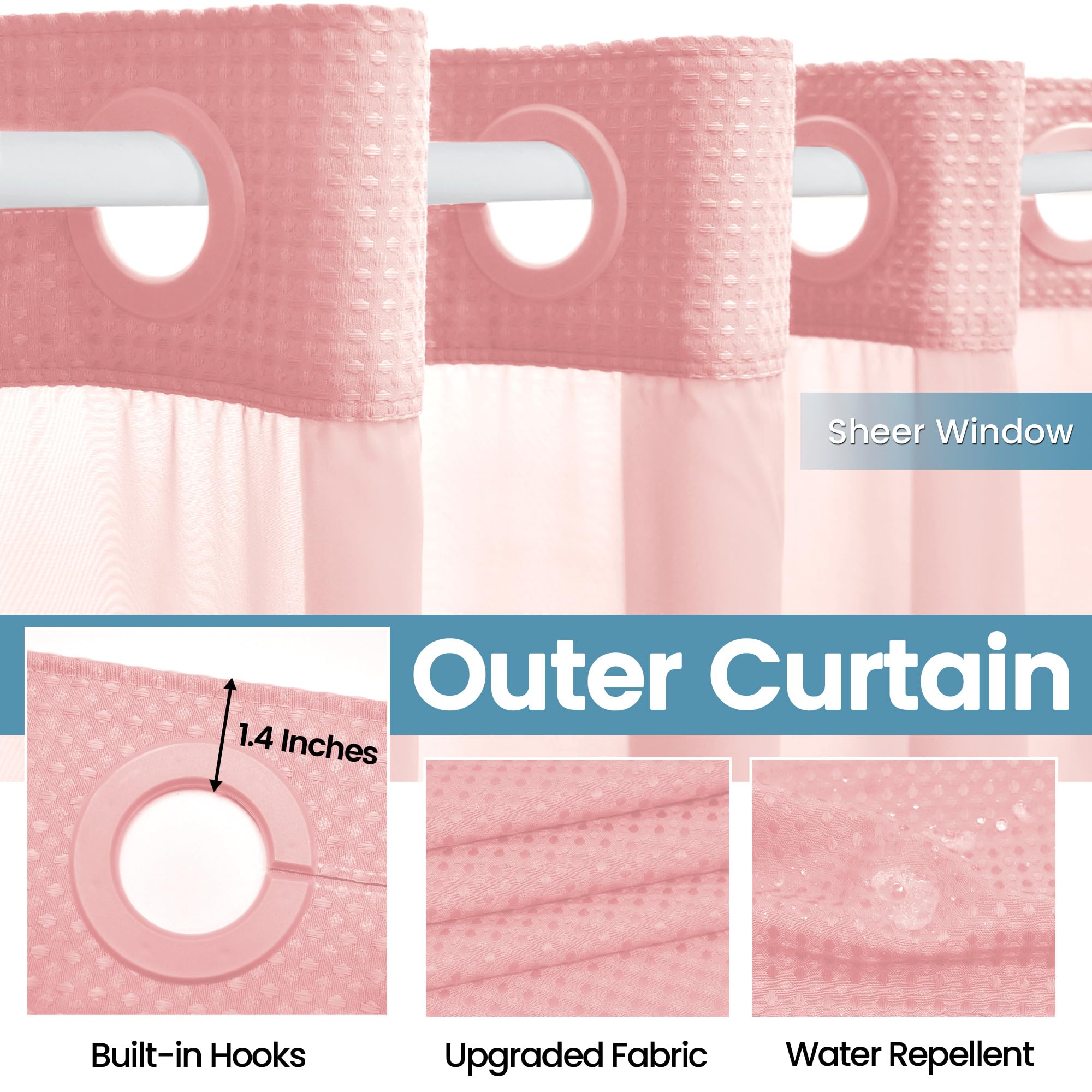 Eutxl Pink Shower Curtain With Liner - 230Gsm Waffle Textured Heavy Duty Shower Curtains For Bathroom,71W X 74H