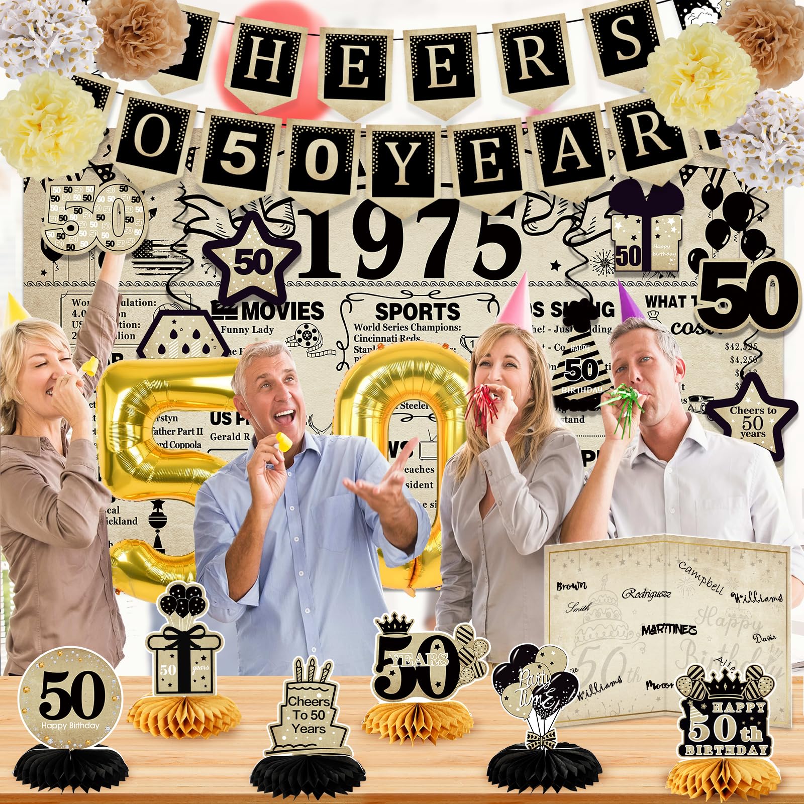 50Th Birthday Decorations For Men Women,24Pcs 1975 Banner Decorations,Including Banner,9 Honeycomb Topper,50 Balloons,Anniversar