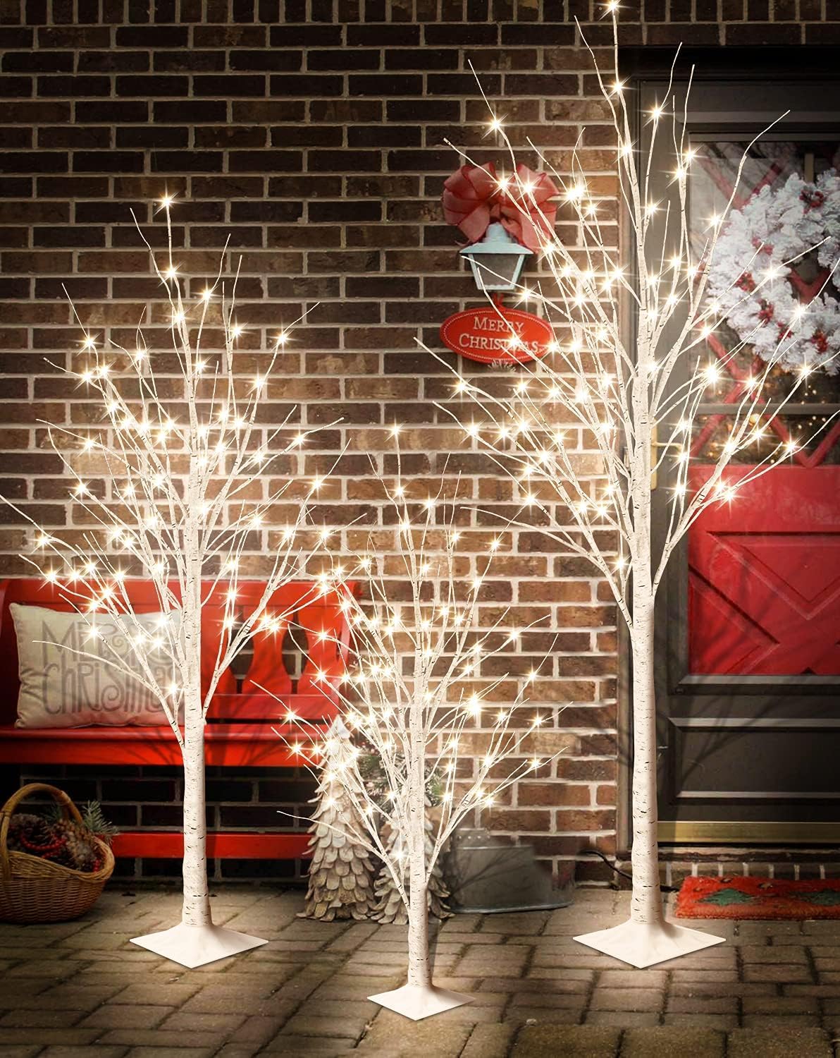 MIERES Lighted Birch Tree for Christmas Decor, Pack of 3 Prelit Christmas Tree 4ft 5ft 6ft, Warm White Christmas Tree for Indoor