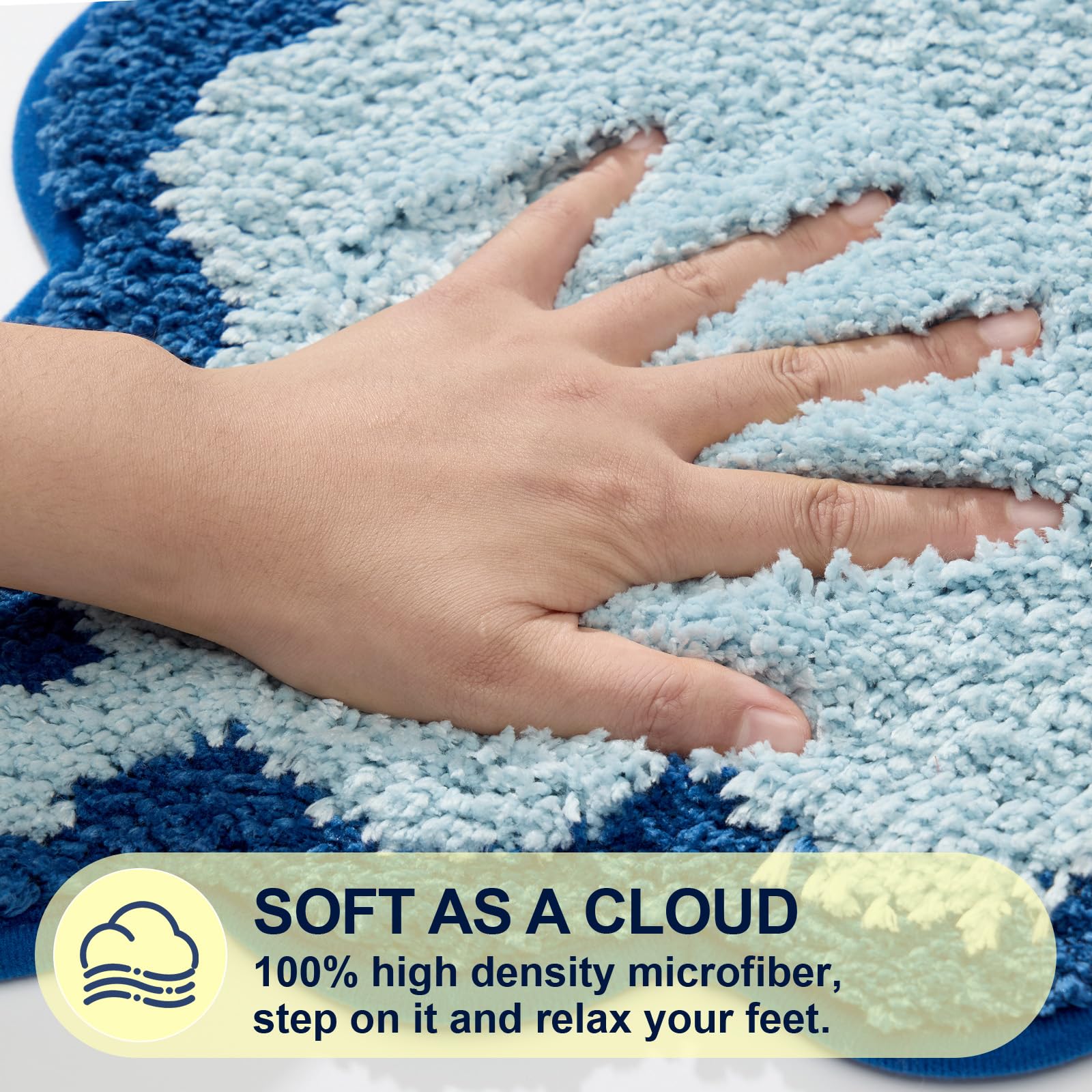 Ortigia Cute Blue Scalloped Bath Mat, Fun Plush Microfiber Scallop Bathroom Rugs Non Slip Washable Quick Dry Absorbent, Bathmat