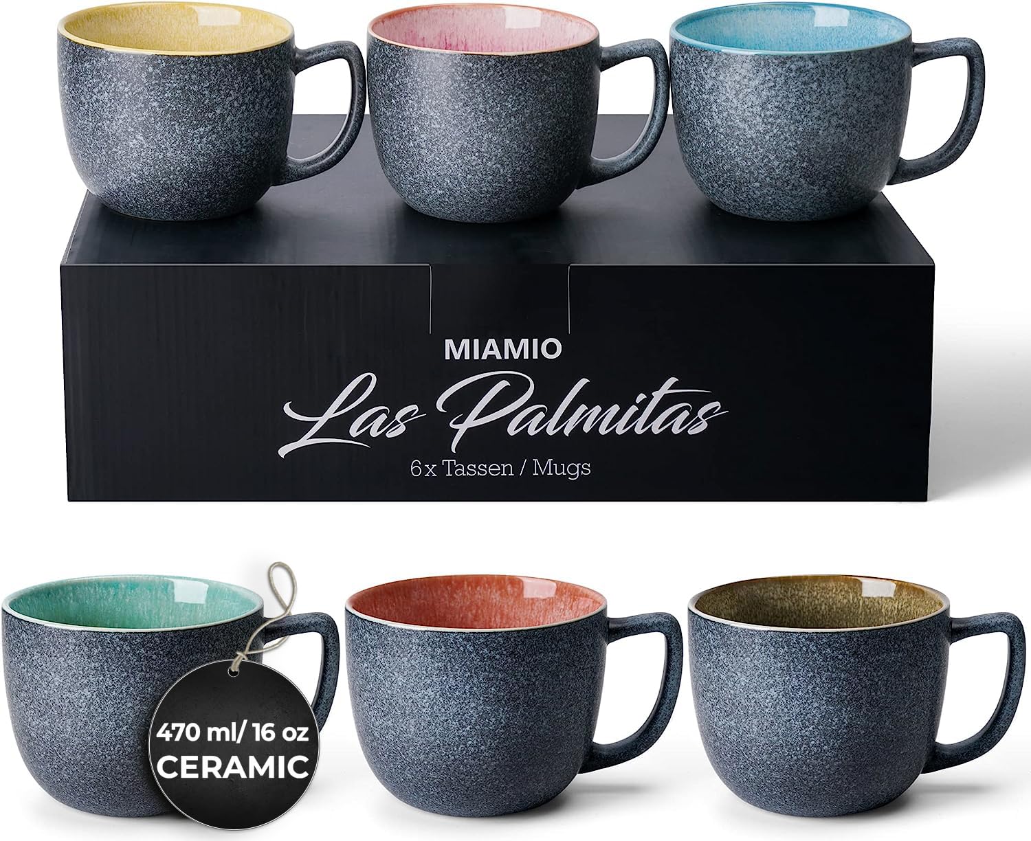Miamio - 6 X 16 Oz. Coffee Cups/Mug Set/Coffee Cup Large/Modern Stoneware Coffee Mugs - Las Palmitas Collection
