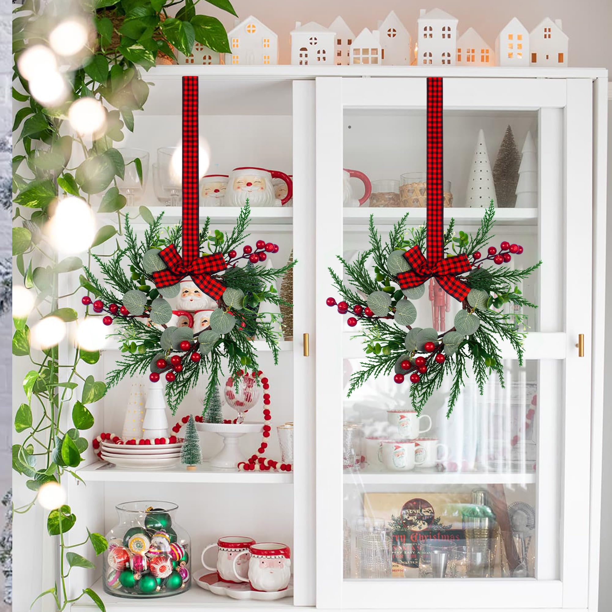 2Pcs Christmas Wreath, 10 Inch Mini Wreaths for Kitchen Cabinets, Christmas Door Wreath, Small Christmas Wreath for Fireplace Wi