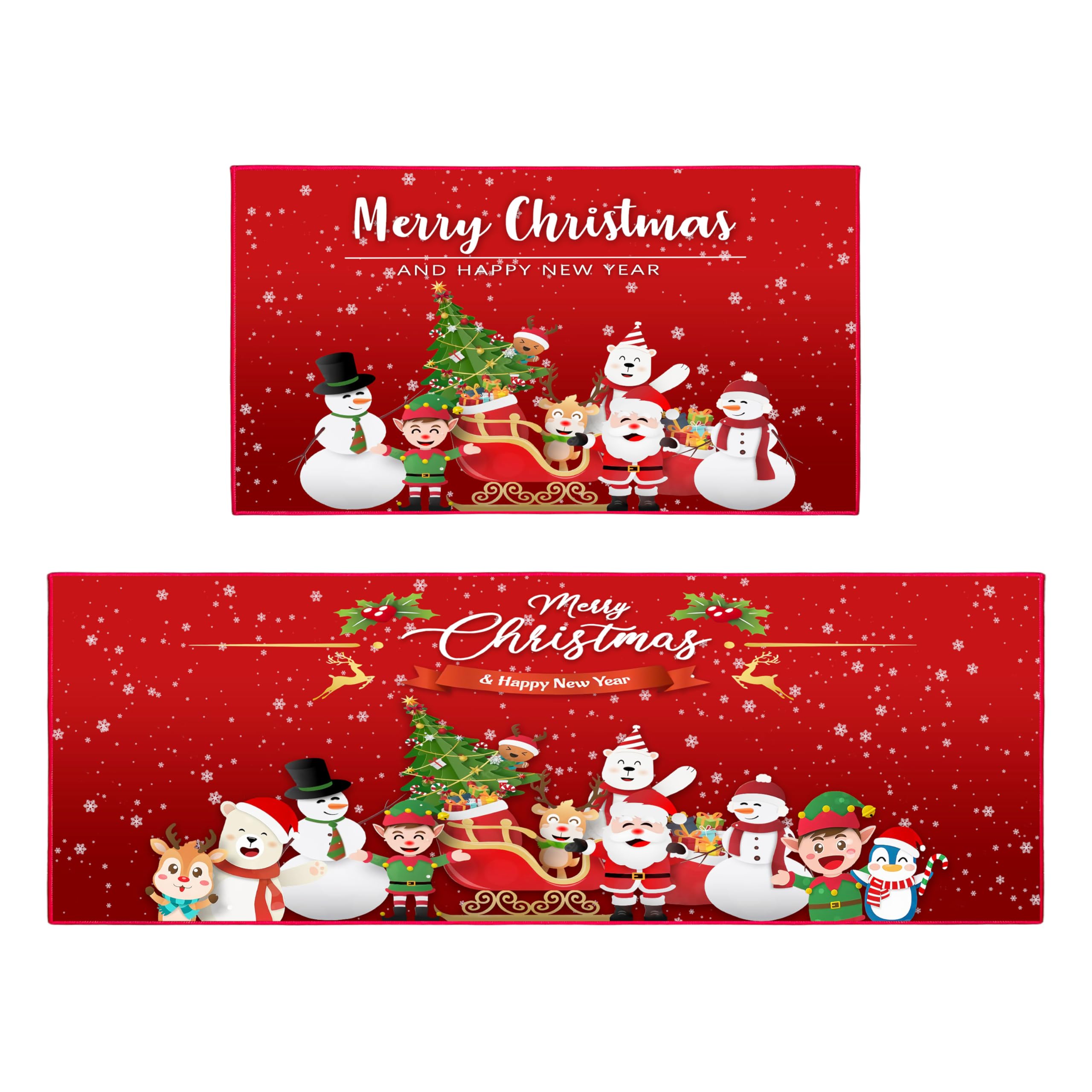 JWXCBIM 2 Pcs Christmas Kitchen Rugs and Mats, Merry Christmas and Happy New Year Kitchen Decor Non-Slip Floor Mat Sets, Washabl