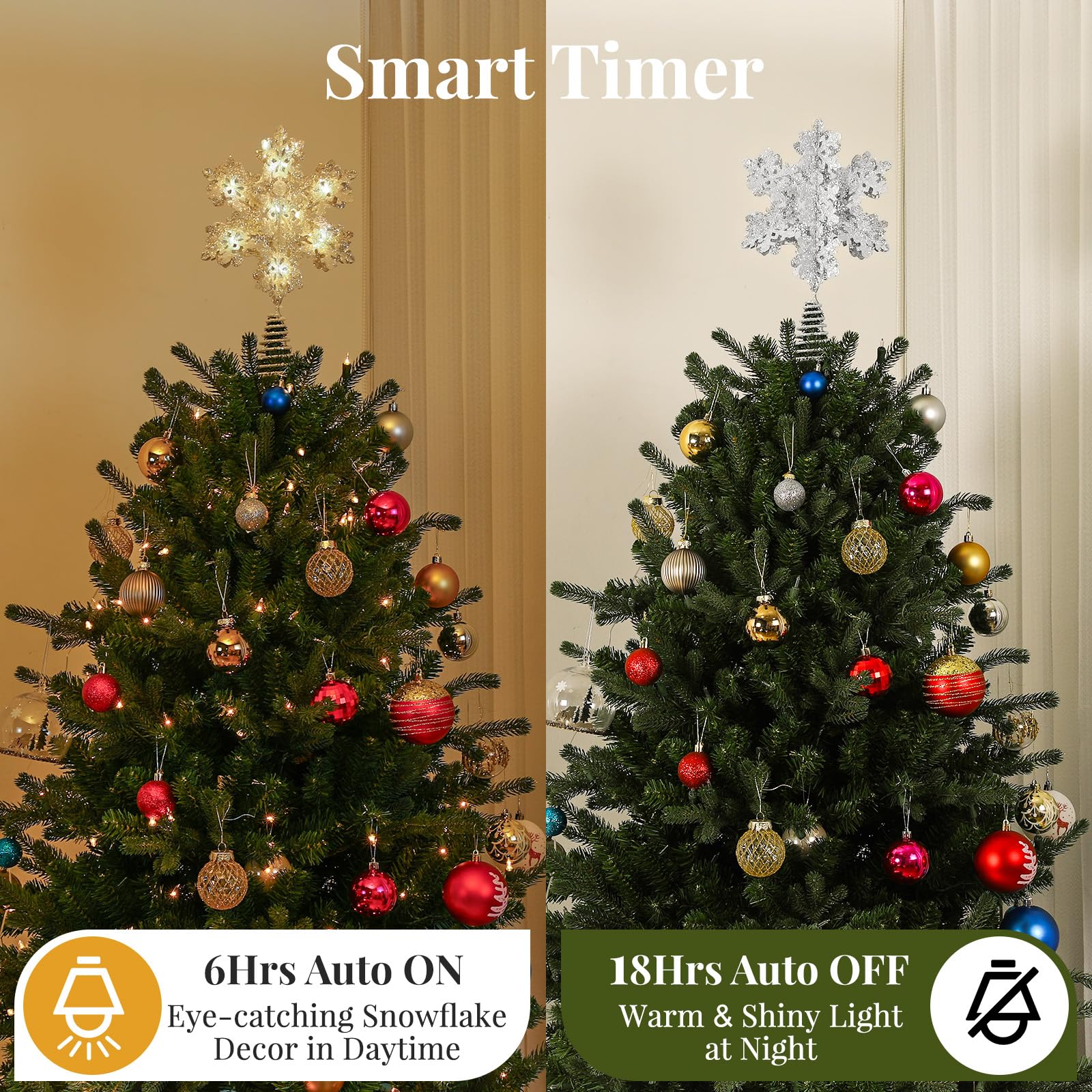 Lewondr Christmas Snowflake Tree Topper, 3D Snowflake Treetop USB & Remote Control, 13'' Xmas Tree Topper with LED Light Beads,