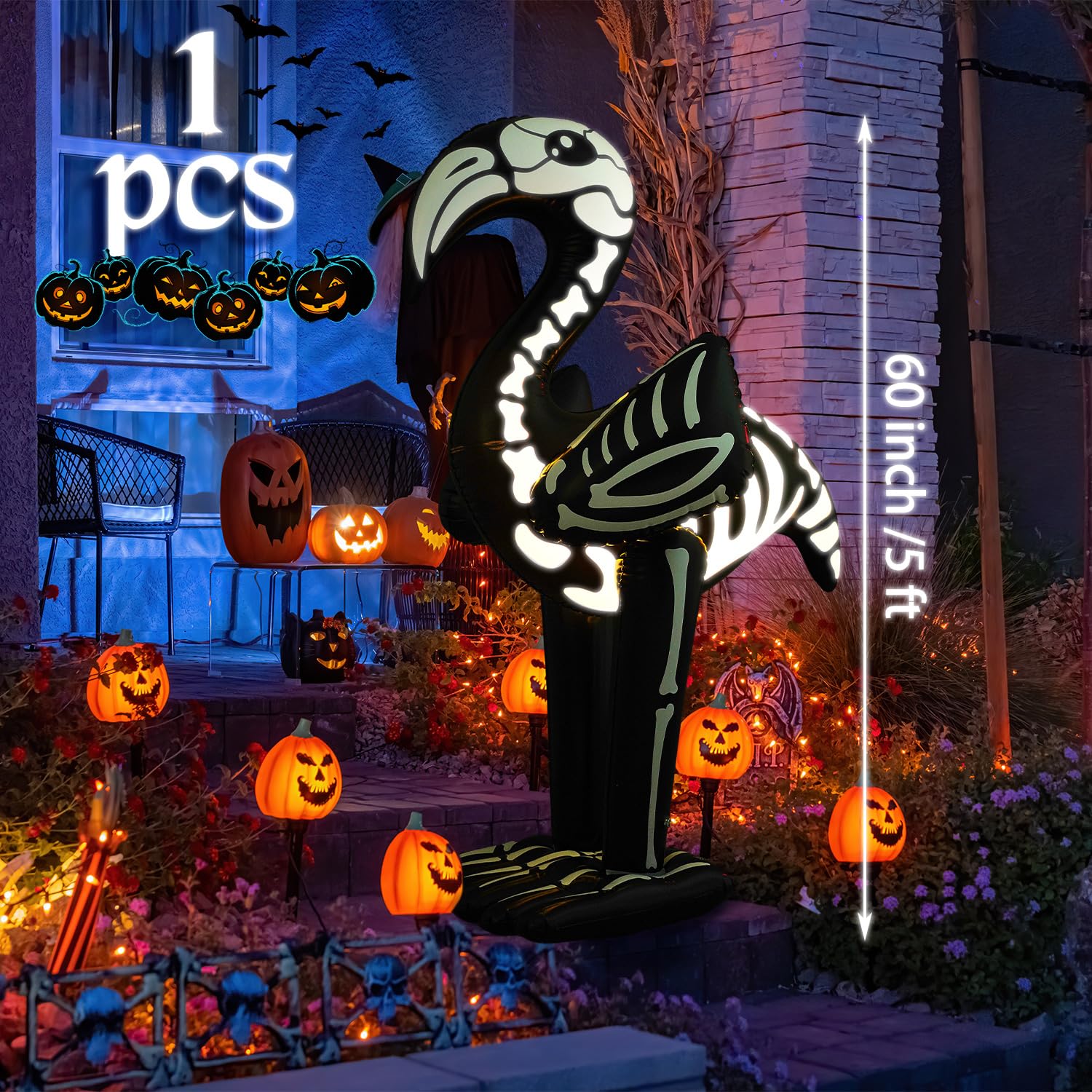 LaRandom 1 Pack 5 FT Giant Halloween Inflatable PVC Flamingo Glow in The Dark Blow up Skeleton Flamingo with Built in LED Lights