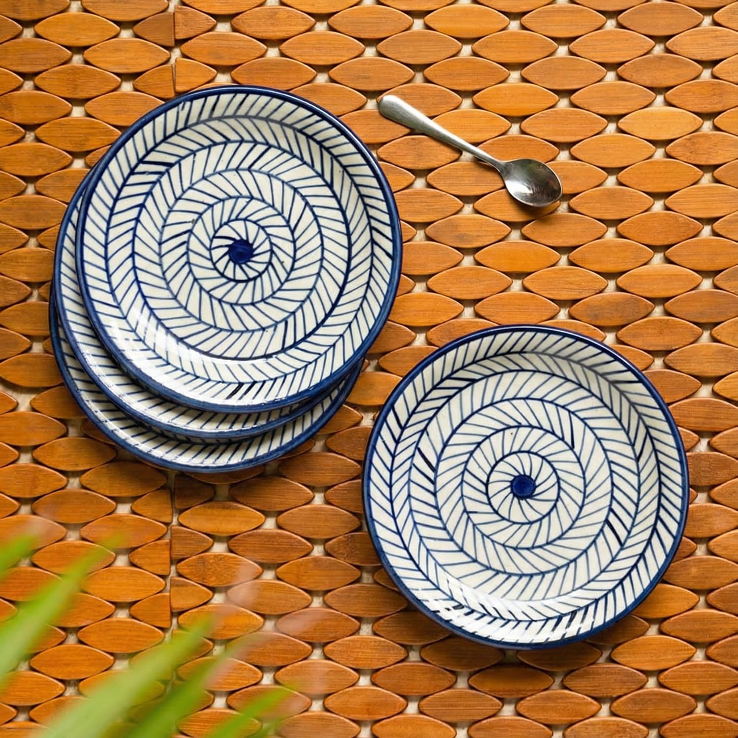 Exclusivelane 'Indigo Chevron' Hand-Painted Ceramic Quarter Plates Set Of 4 Ceramic (Set Of 4, 7 Inch, Microwave Safe) | Ceramic