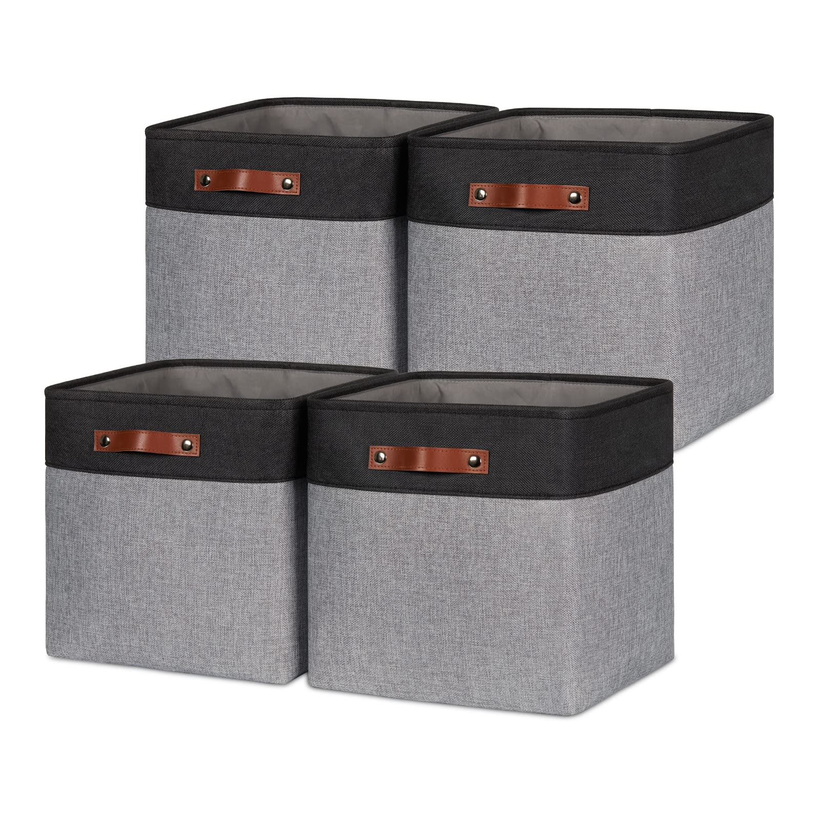 Hnzige 13X13X13 Storage Baskets (4 Pack) Large Fabric Storage Cubes For Shelves, Storage Cube Bins For Gift With Leather Handles