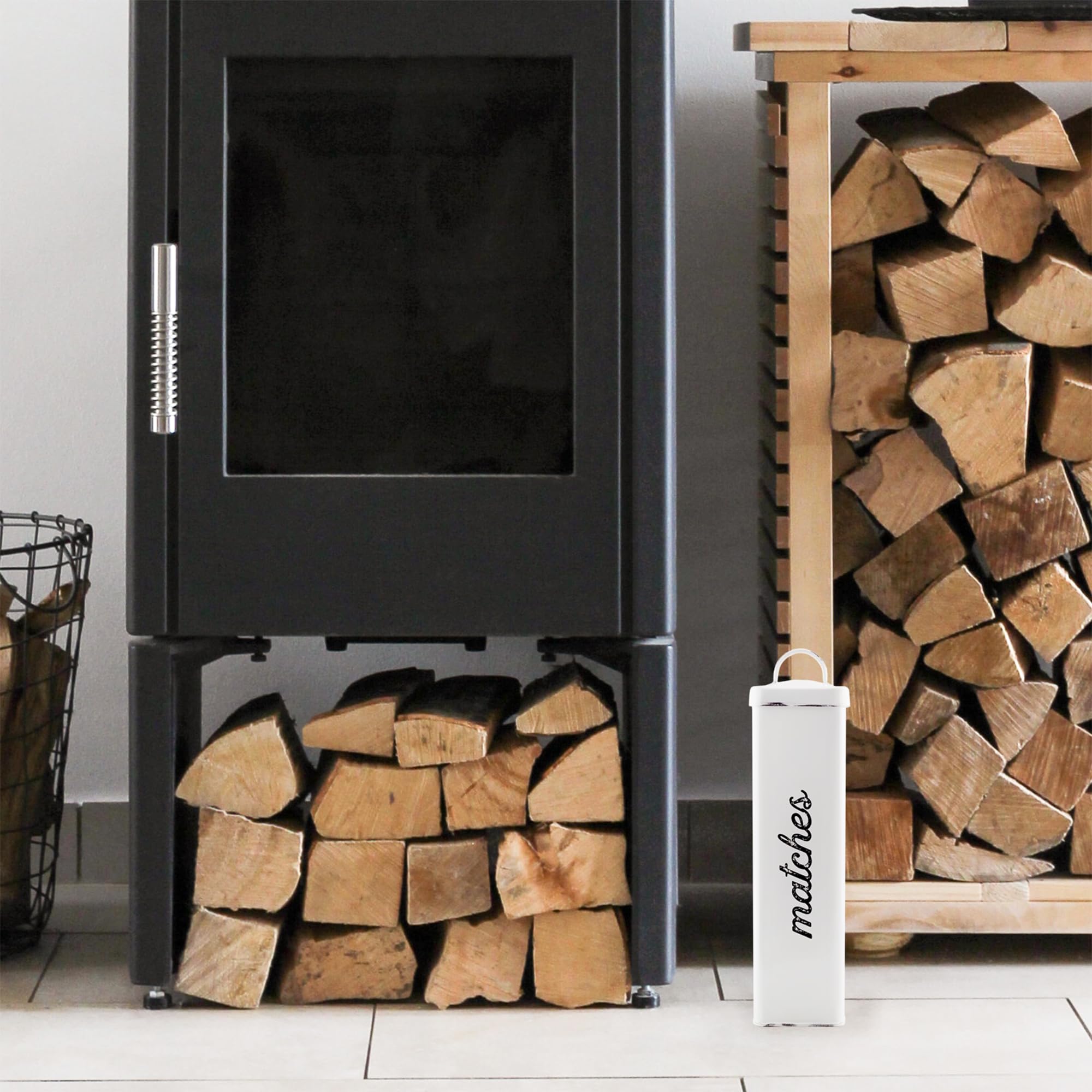 Auldhome Design Enamelware Fireplace Matches Holder (White), Farmhouse Storage Container For Long Safety Matches