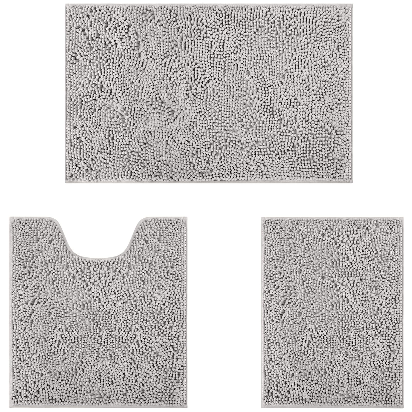 Homeideas 3 Pieces Bathroom Rugs, Ultra Soft Non Slip Absorbent Chenille Toilet Bath Mat Set (Light Grey)