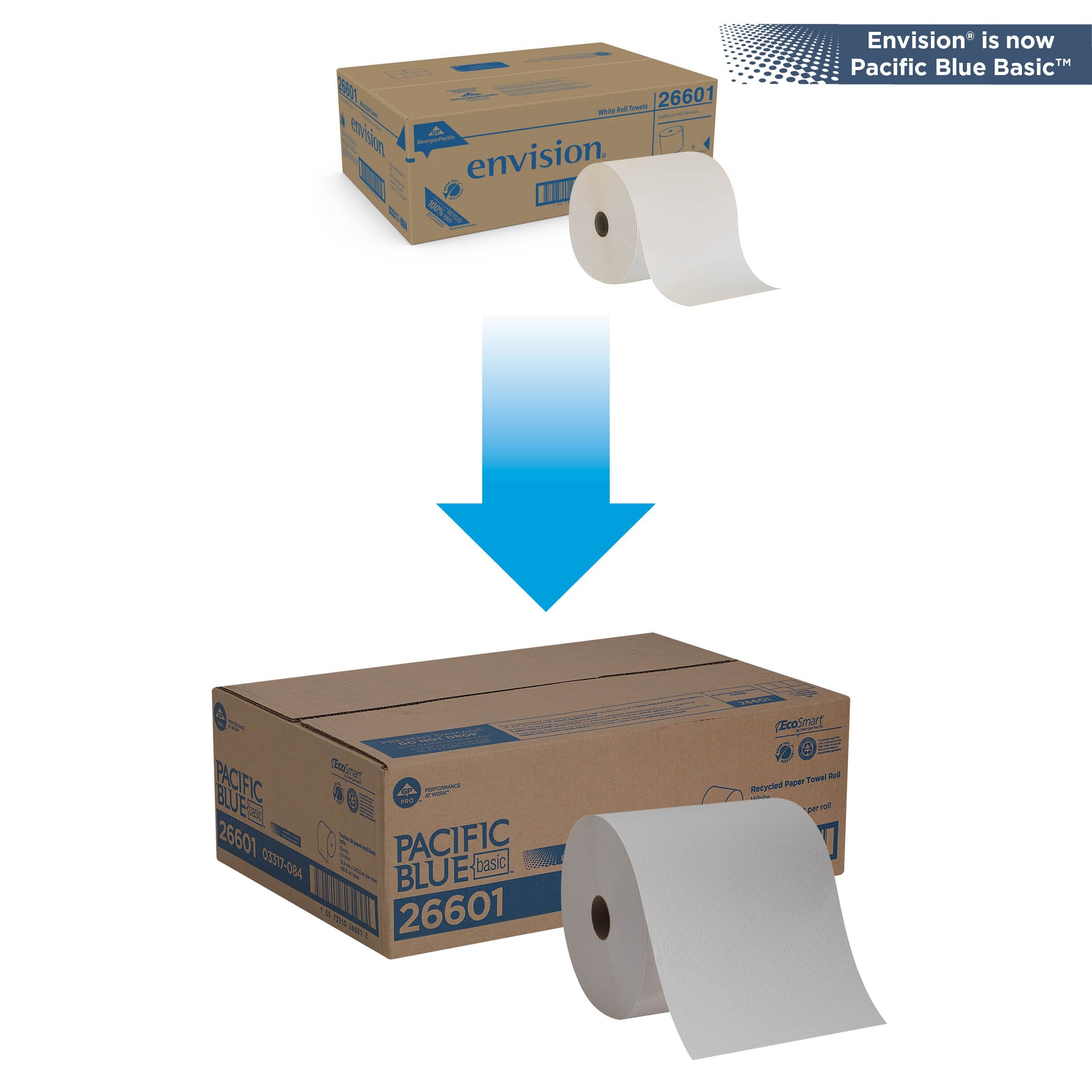 Georgia-Pacific Blue Basic Recycled Paper Towel Rolls (Previously Branded Envision) By Pro , White, 26601, 800 Feet Per Roll, 6