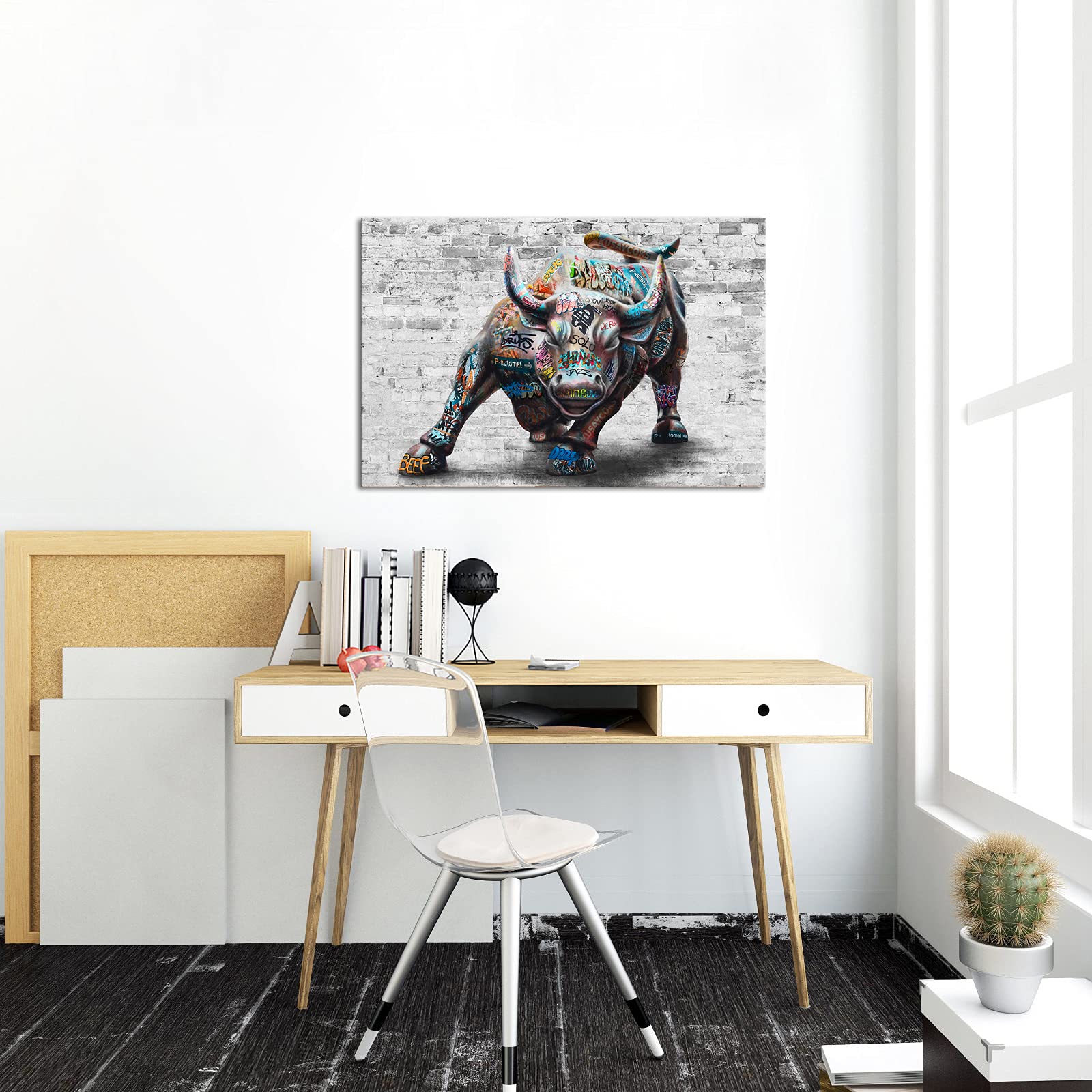 Duobaorom Large Graffiti Bull Canvas Motivational Cool Wall Art For Men New York Landmark Bull Pop Street Painting Office Decor