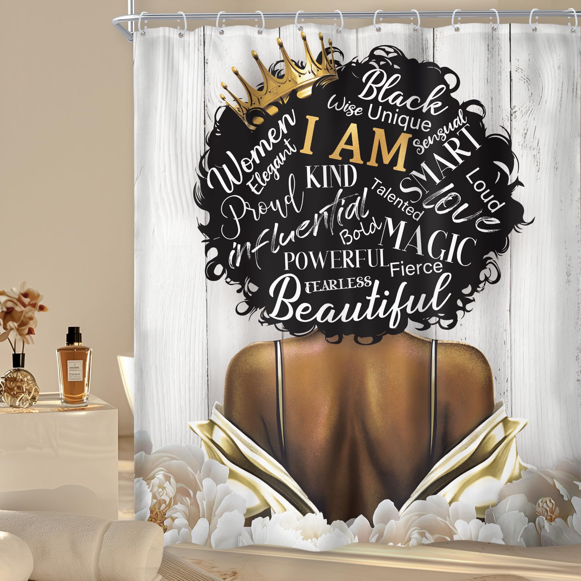 Riyidecor African American Shower Curtain 60Wx72H Inch Black Girl Woman Motivational Floral Inspirational Quotes Words Flowers Plank Rustic Bathroom Decor Fabric Polyester Waterproof 12 Pack Hooks
