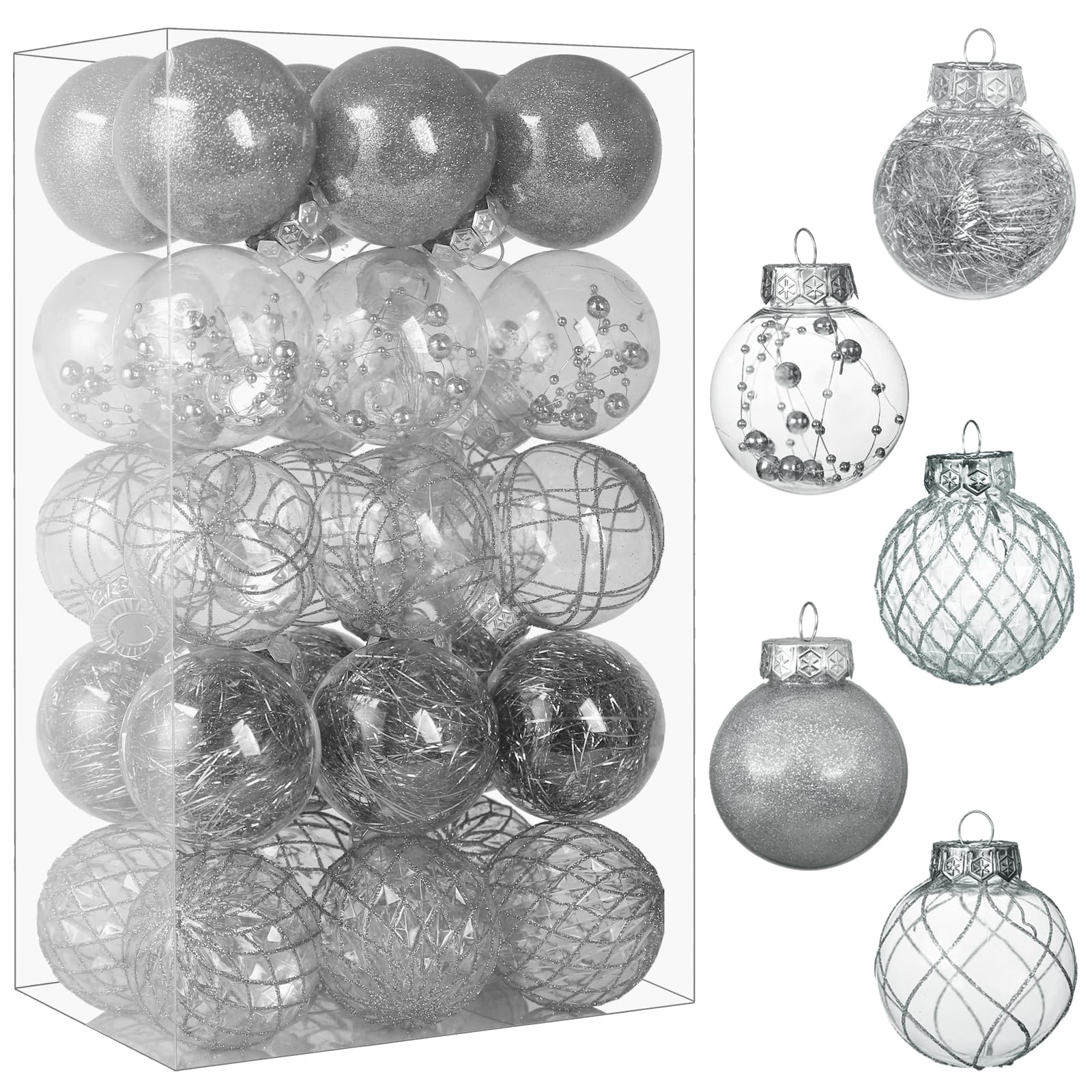 Clear Christmas Ball Ornaments, 30ct Shatterproof Xmas Ball Decorations for Christmas Tree 2.36 Inch Silver Hanging Decorative B