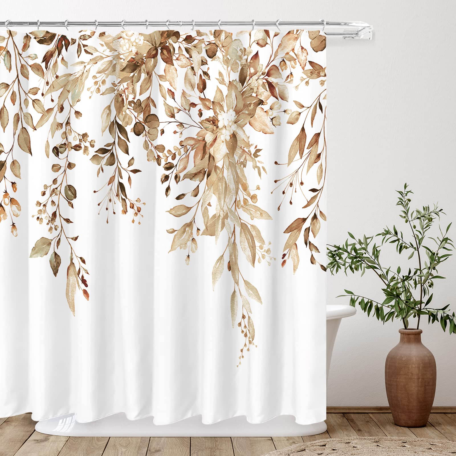 Tititex Tan Eucalyptus Shower Curtain Sets, Watercolor Brown Leaves On The Top Plant With Floral Bathroom Decoration 72X78 Inch
