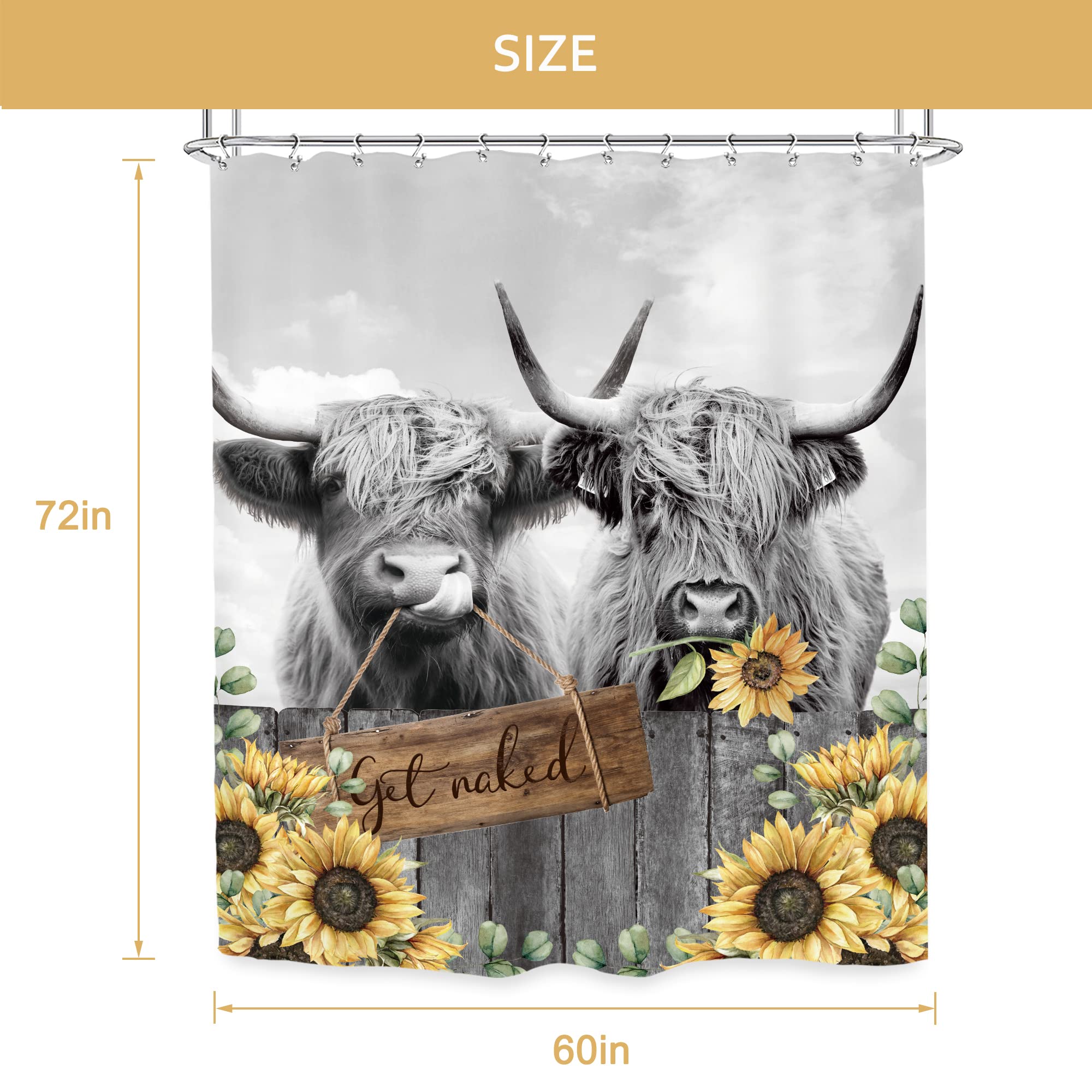 Glawry Vintage Highland Cow Sunflower Shower Curtain 60Wx72L Inches Funny Western Country Retro Get Naked Bull Cattle Farmhouse