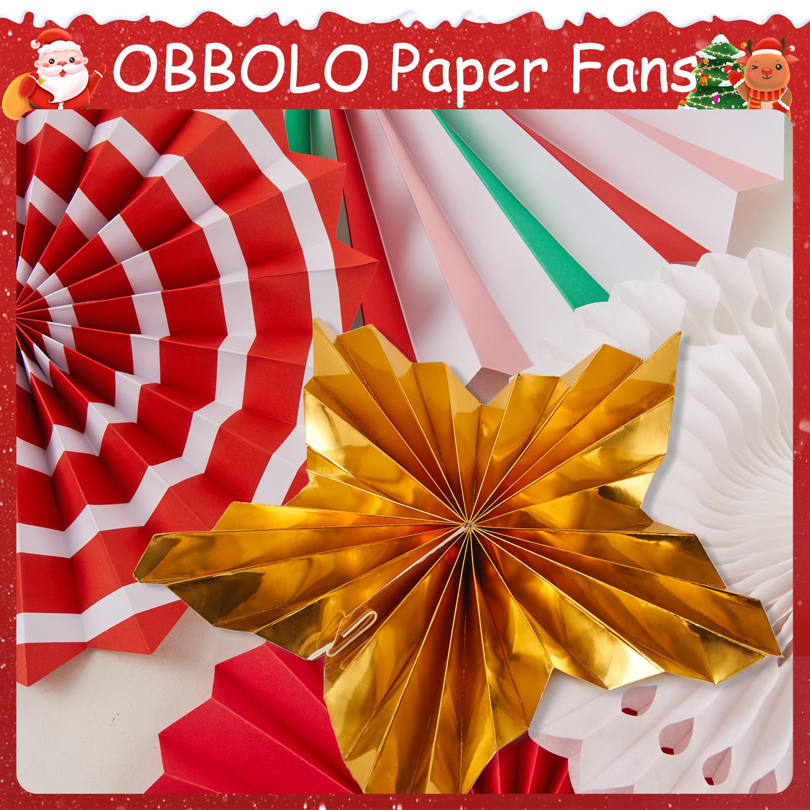 OBBOLO Christmas Paper Fans, Christmas Paper Decorations, Hanging Xmas Decor in Gold, Red, White and Peppermint Candy Theme Hone