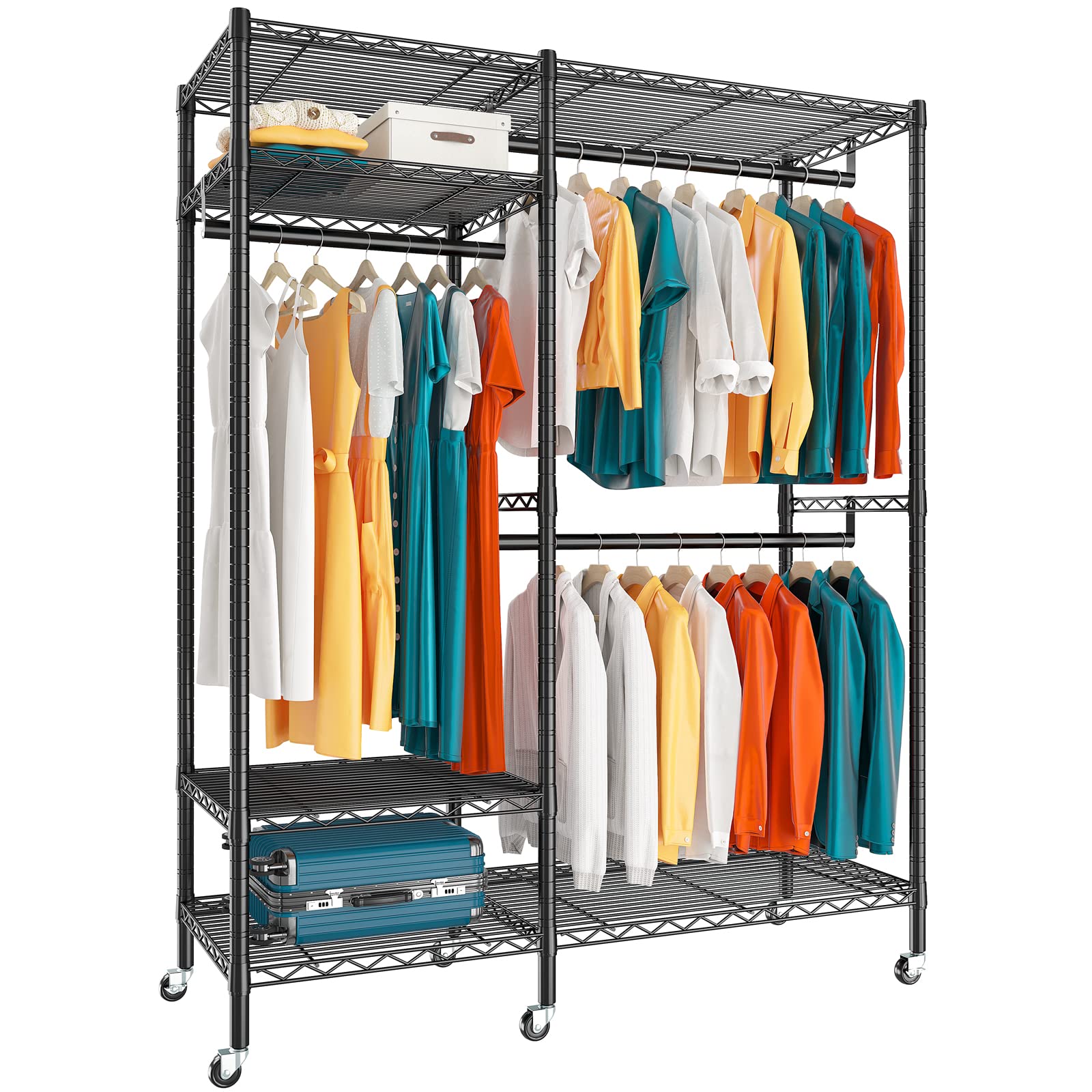 Raybee 79'' H Clothes Rack Heavy Duty Clothing Rack With Wheels Loads 650Lbs, Clothing Racks For Hanging Clothes Rolling Clothes