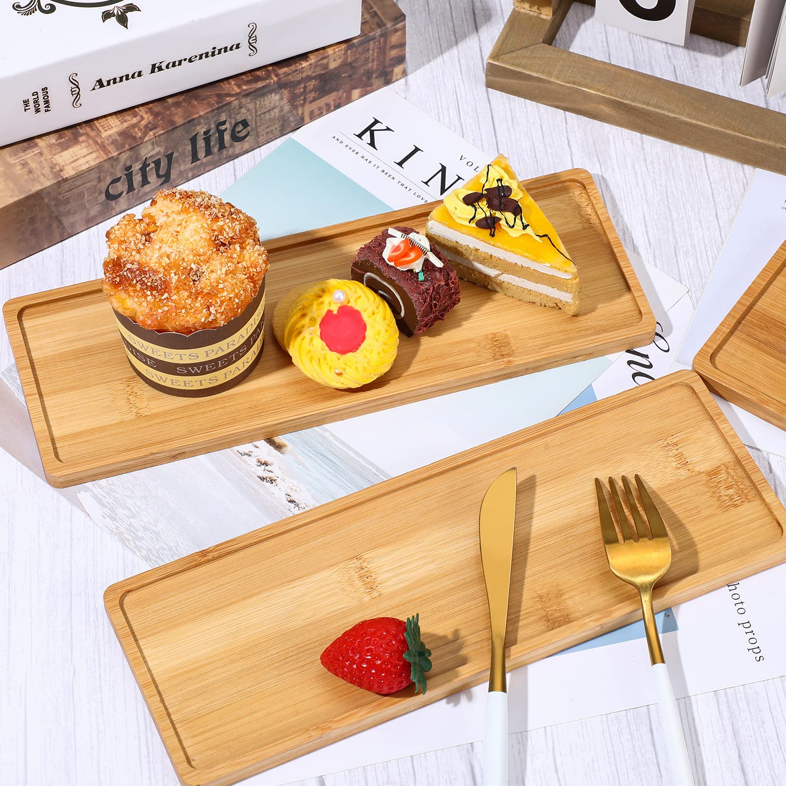 Bamboo Tea Serving Tray 3 Pcs Decorative Multi Use Bathroom Rounded Edges Vanity Tray For Dresser Counter Food, Coffee, Snack, T
