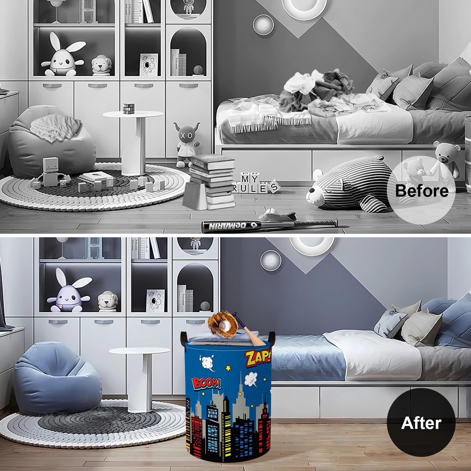 Clastyle 45L Large Blue City Hero Skyline Kid Laundry Hamper With Handle Comic Hero Building Silhouettes Clothes Toy Boys Basket