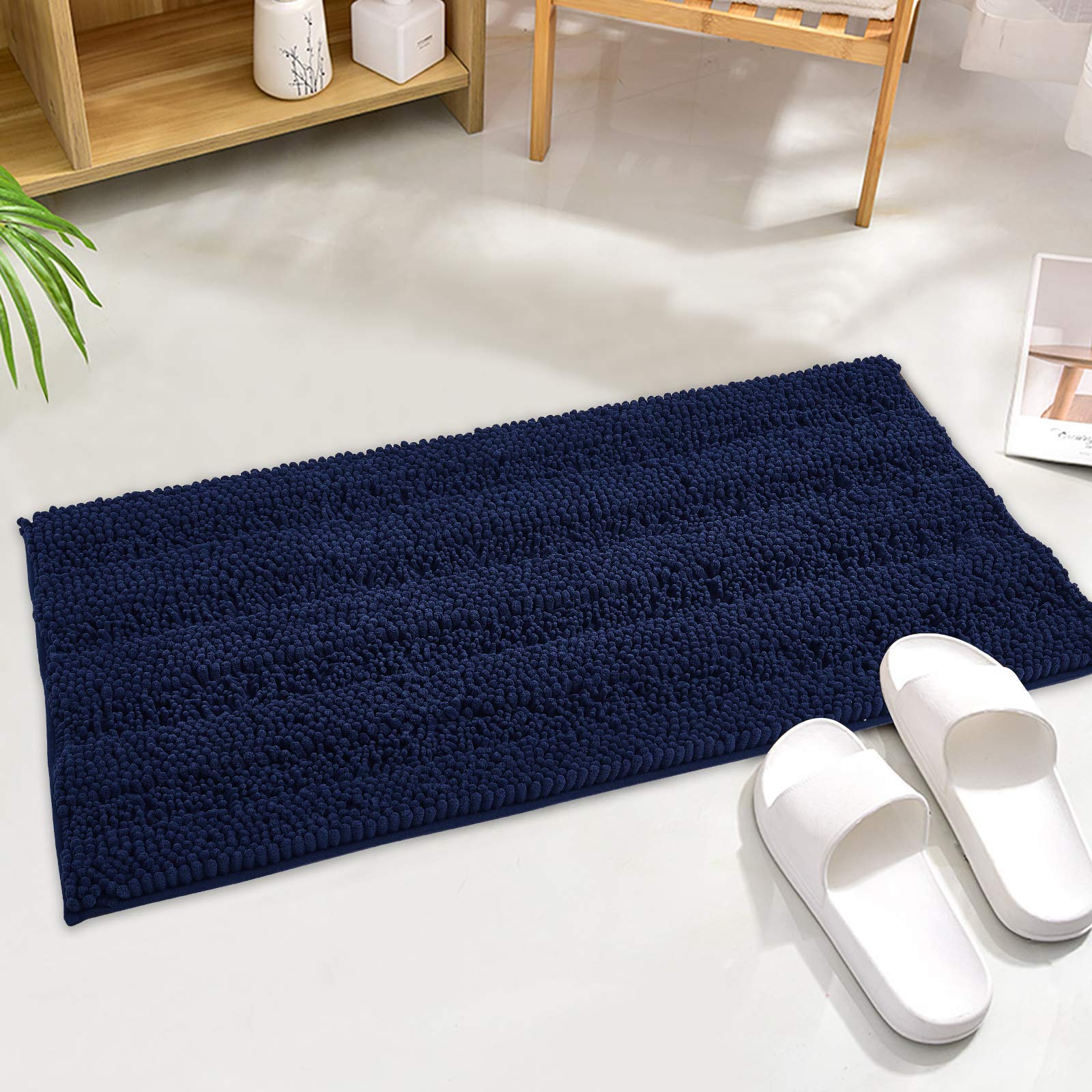 Navy Blue Bath Mat - Quick Drying Chenile Bathroom Rugs Thick Shaggy Floor Cover Water Absorbent Shower Carpet For Toilet Door W
