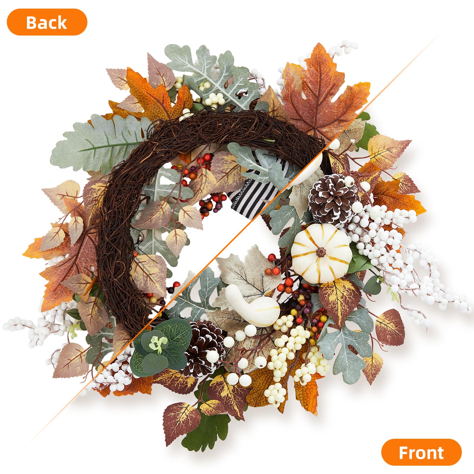 GarveeHome 20 in Fall Wreaths for Front Door, Fall Decorations for Home Pumpkin Wreath with Bow Leaves Pine Cones, Autumn Wreath