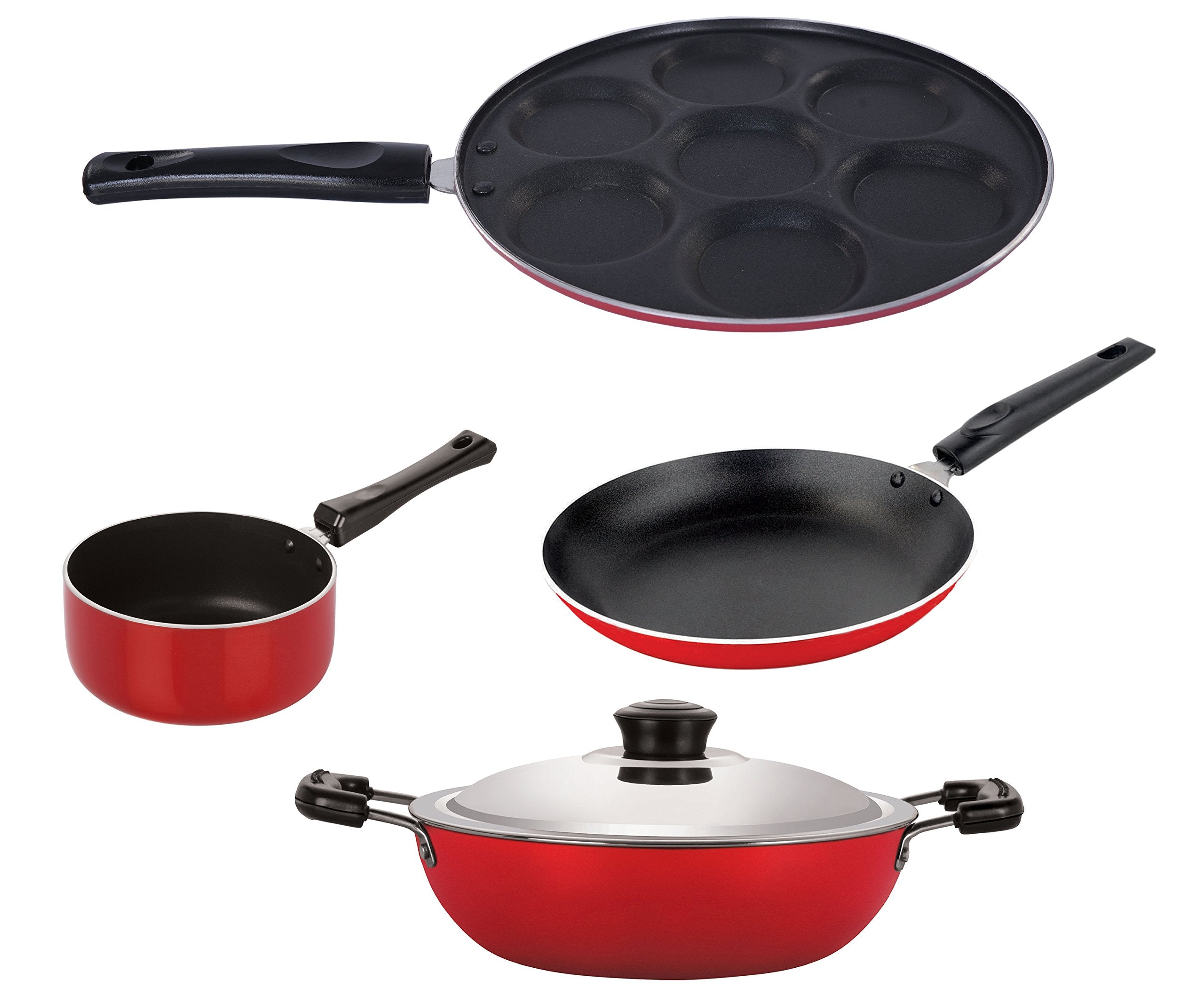 Nirlon NonStick Aluminum Cookware Set, 4Piece, Red And Black (Dkdm_Spb_Up7_Tp)