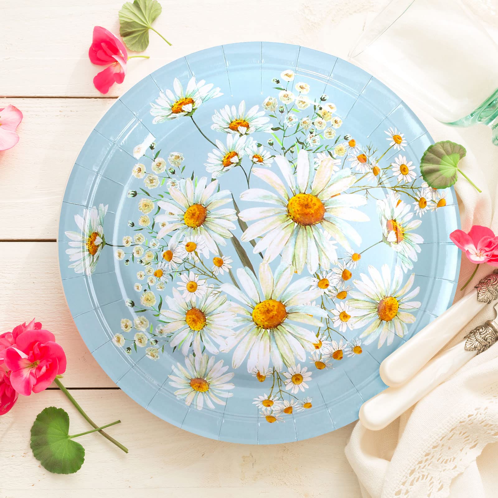 Whaline 40Pcs Daisy Flower Paper Plates 9 Inch Spring Summer Blue White Flower Disposable Party Plates Farmhouse Floral Tablewar