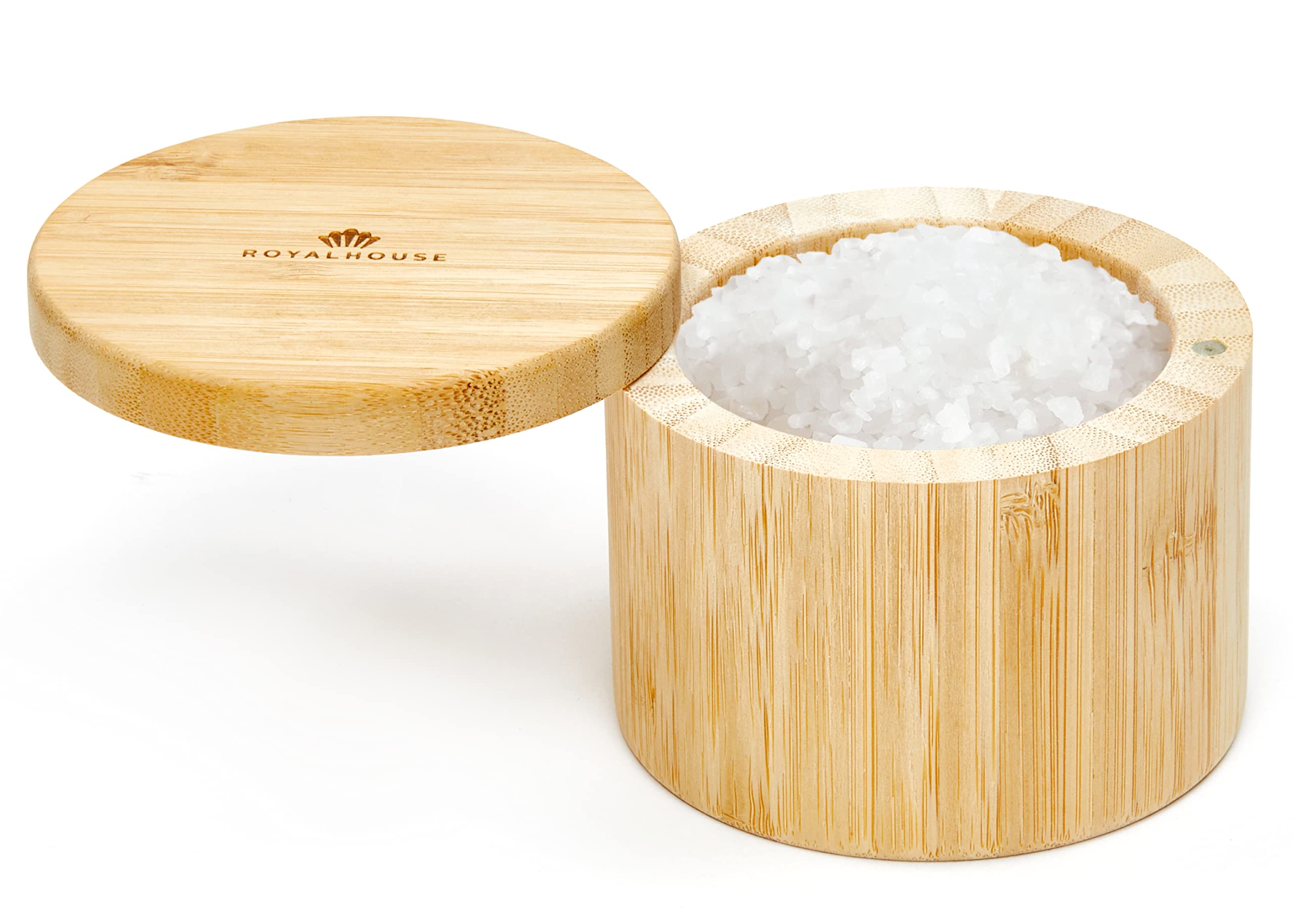 Royalhouse Natural Bamboo Salt And Pepper Holder With Bamboo Lid, Salt Cellar With Magnetic Swivel Lid, Healthy Storage Box For
