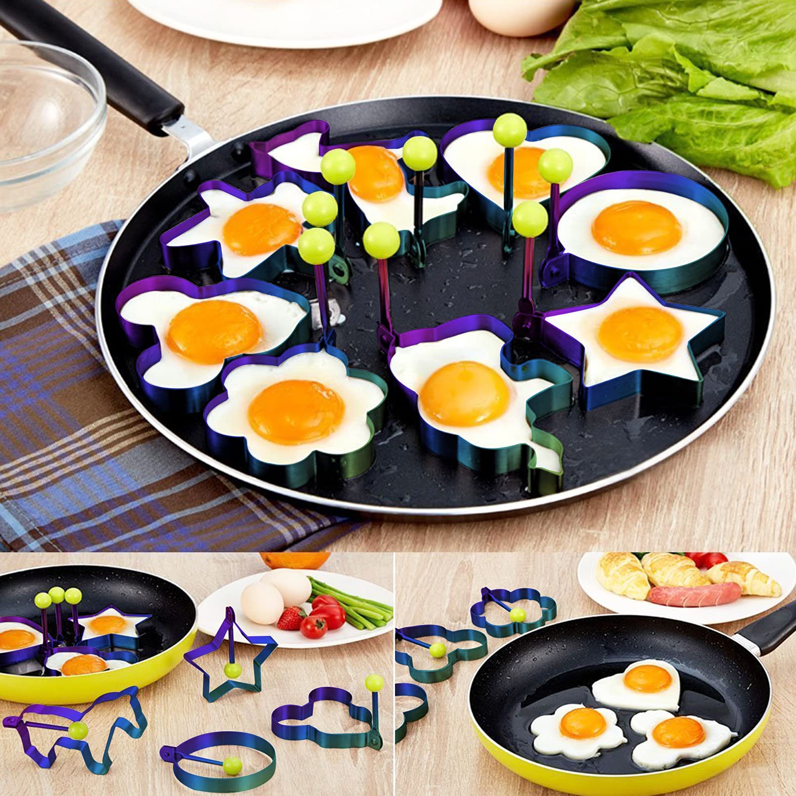 Slomg Rainbow Set Fried Egg Rings Molds Non Stick For Griddle Pan, Egg Shaper Pancake Maker With Handle, Stainless Steel Egg For