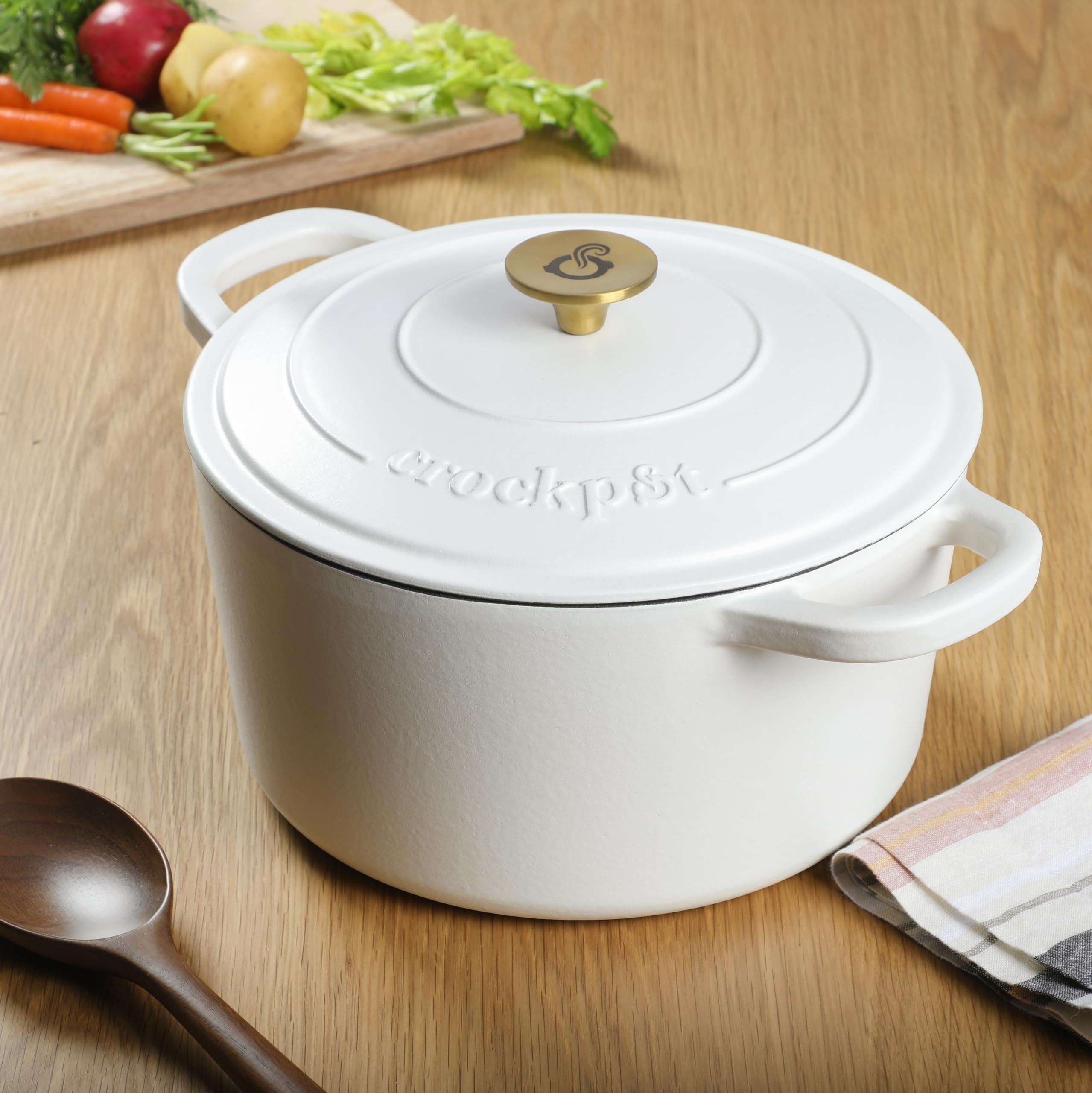 Crock Pot Artisan 7-Quart Round Dutch Oven - Matte Linen White W/Gold Knob