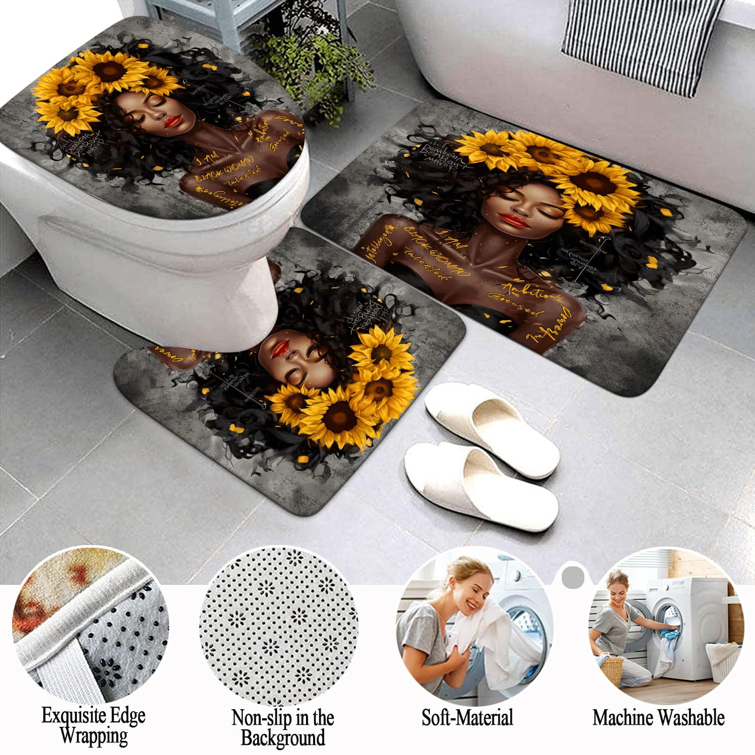 Omebero Black King Bathroom Shower Curtain Sets, Colorful Inspirational Quote Shower Curtains With Rugs Toilet Lid Cover Bath Ma