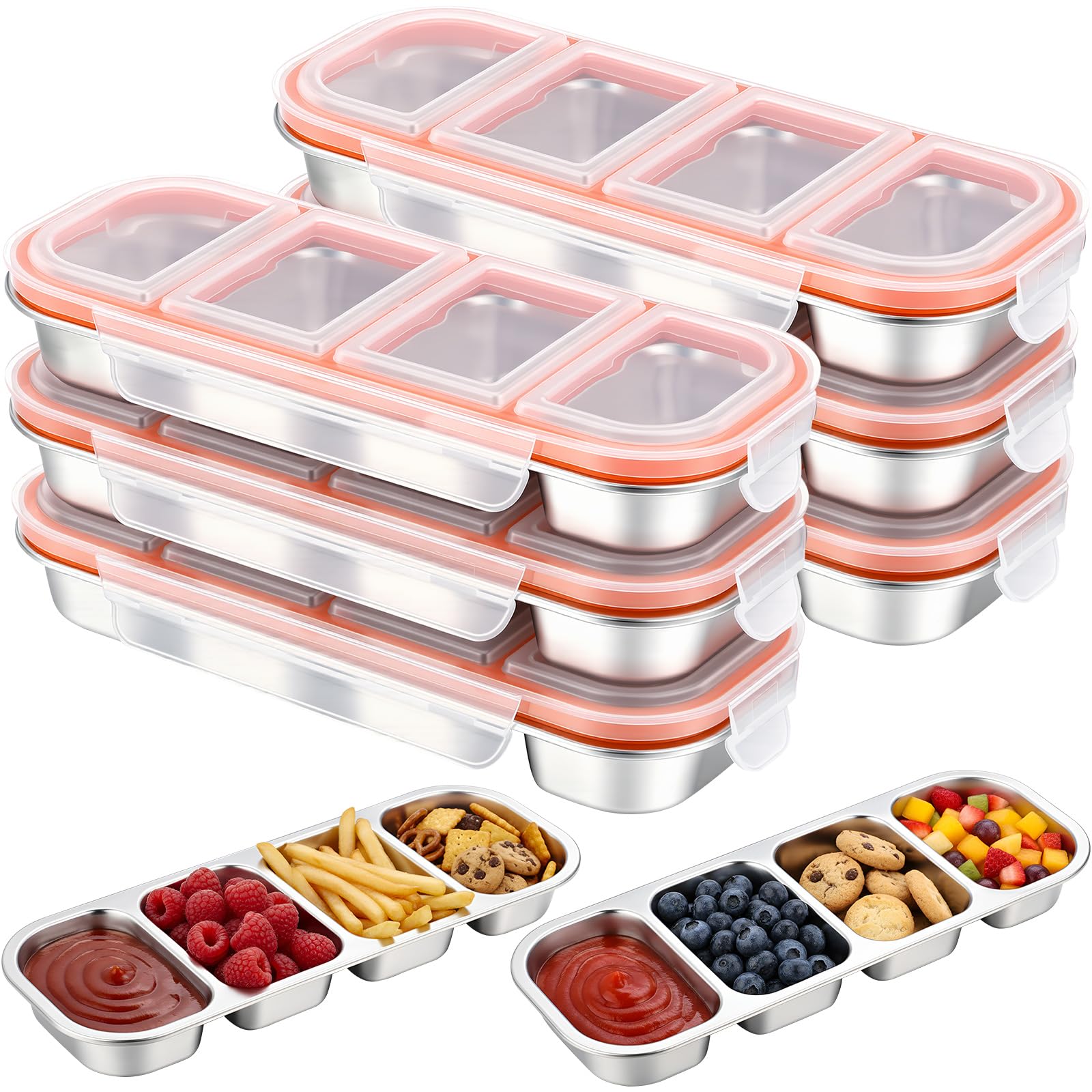 Teecyhooo 6 Pcs Stainless Steel Snack Containers with Leak Proof Lids, 4 Compartments Metal Bento Lunch Box, Reusable Stackable 