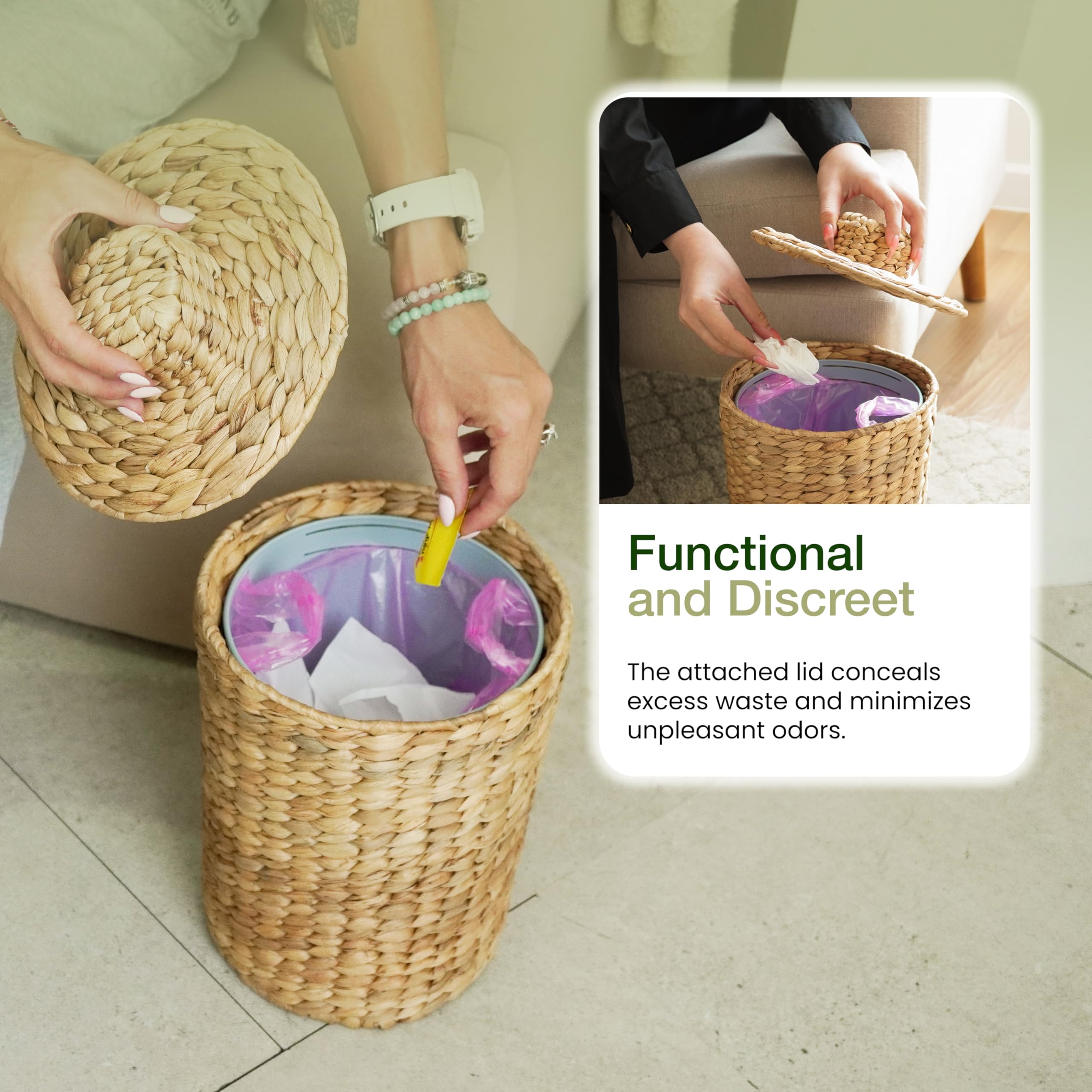 Tidita 1.3 Gallons Wicker Woven Waste Basket With Lid - Water Hyacinth Trash Can For Office Garbage - Handwoven Wastebaskets For