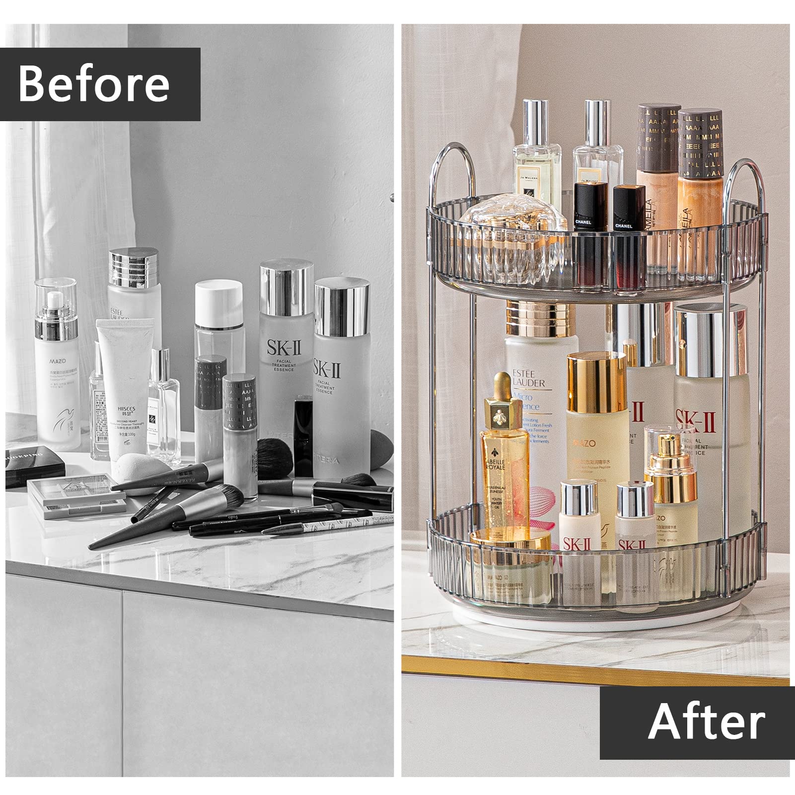 shuang qing Rotating Makeup Organizer for Vanity 2 Tier  High-Capacity Skincare Clear Make Up Storage Perfume Organizers Cosmetic Dresser Organizer Countertop 360 Spinning (Grey)