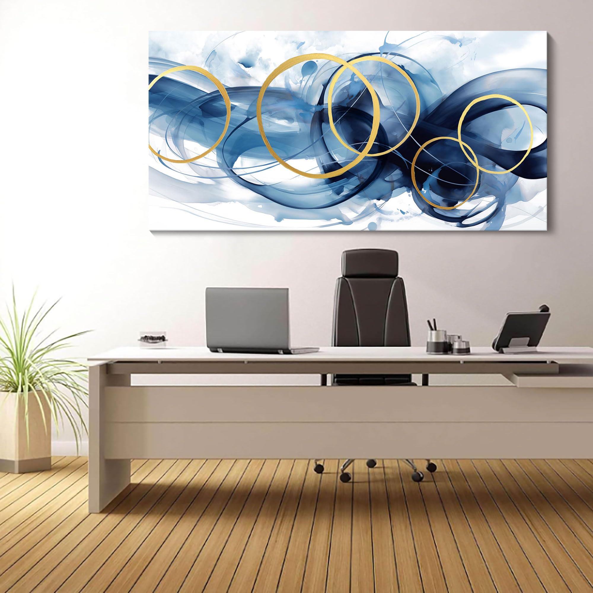Hkdgoka Wall Art Living Room - Large Abstract Canvas Gold Blue Gradient Canvas Paintings Wall Artwork Modern Office Bedroom Pict