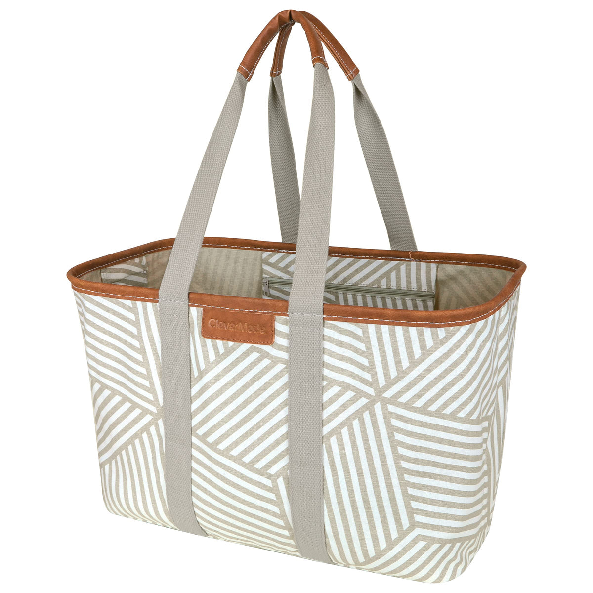 Clevermade Collapsible Luxe Tote, Geometric Taupe - 30L (8 Gal) Structured Tote Bag With Handles And Reinforced Bottom - Reusabl