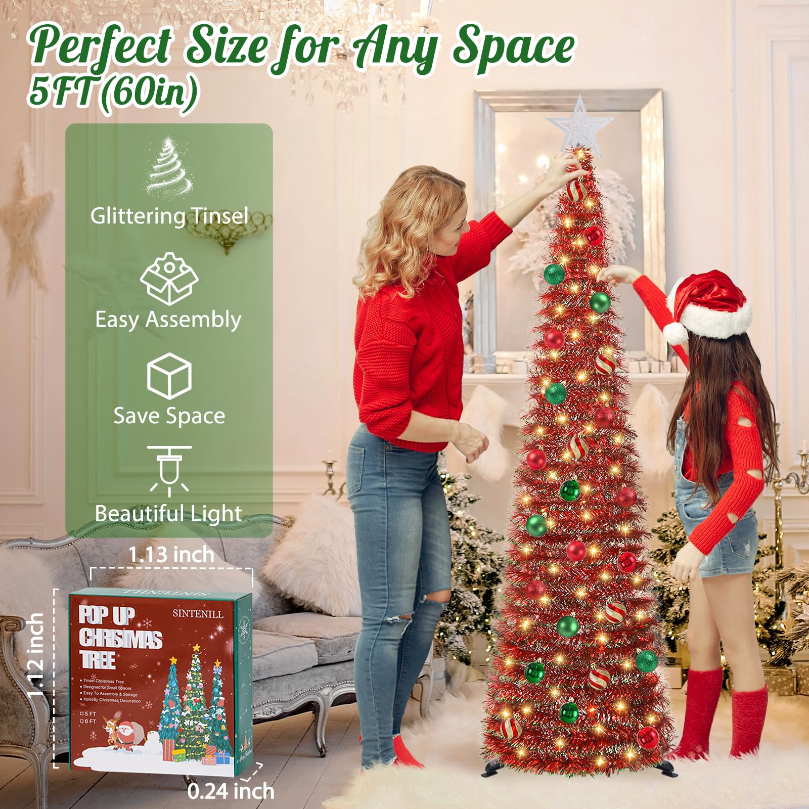 SINTENILL 5 FT Pop Up Christmas Tree with Timer Lights and Decorations, Red Tinsel Artificial Christmas Tree with 24 Balls Ornam