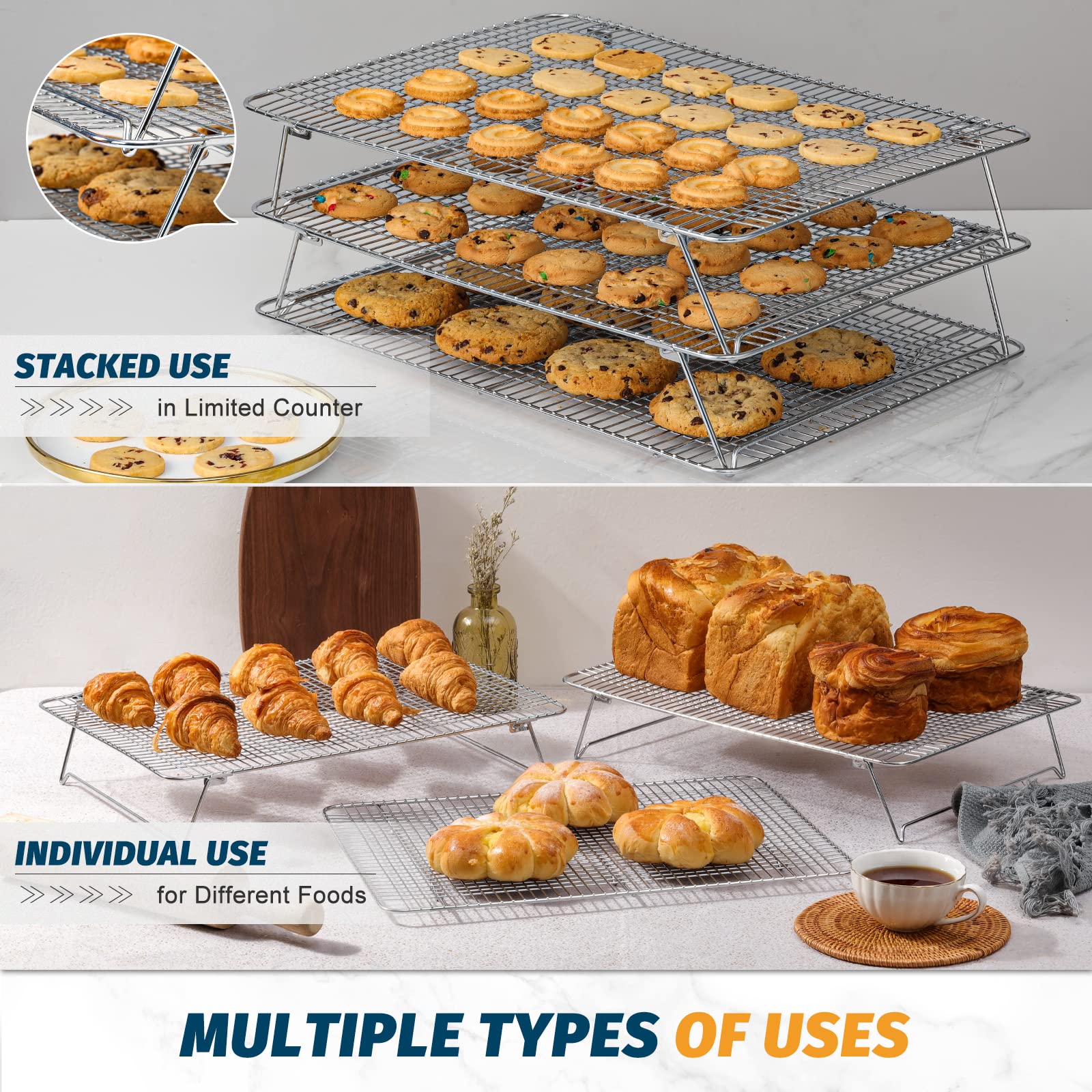 HIWARE Stainless Steel Stackable Cooling Rack for Baking  3 Tier 11.8?x 16.5? Oven & Dishwasher Salf and Fit Half Sheet Wire Cooling Racks for Cookie  Pizza  Cake
