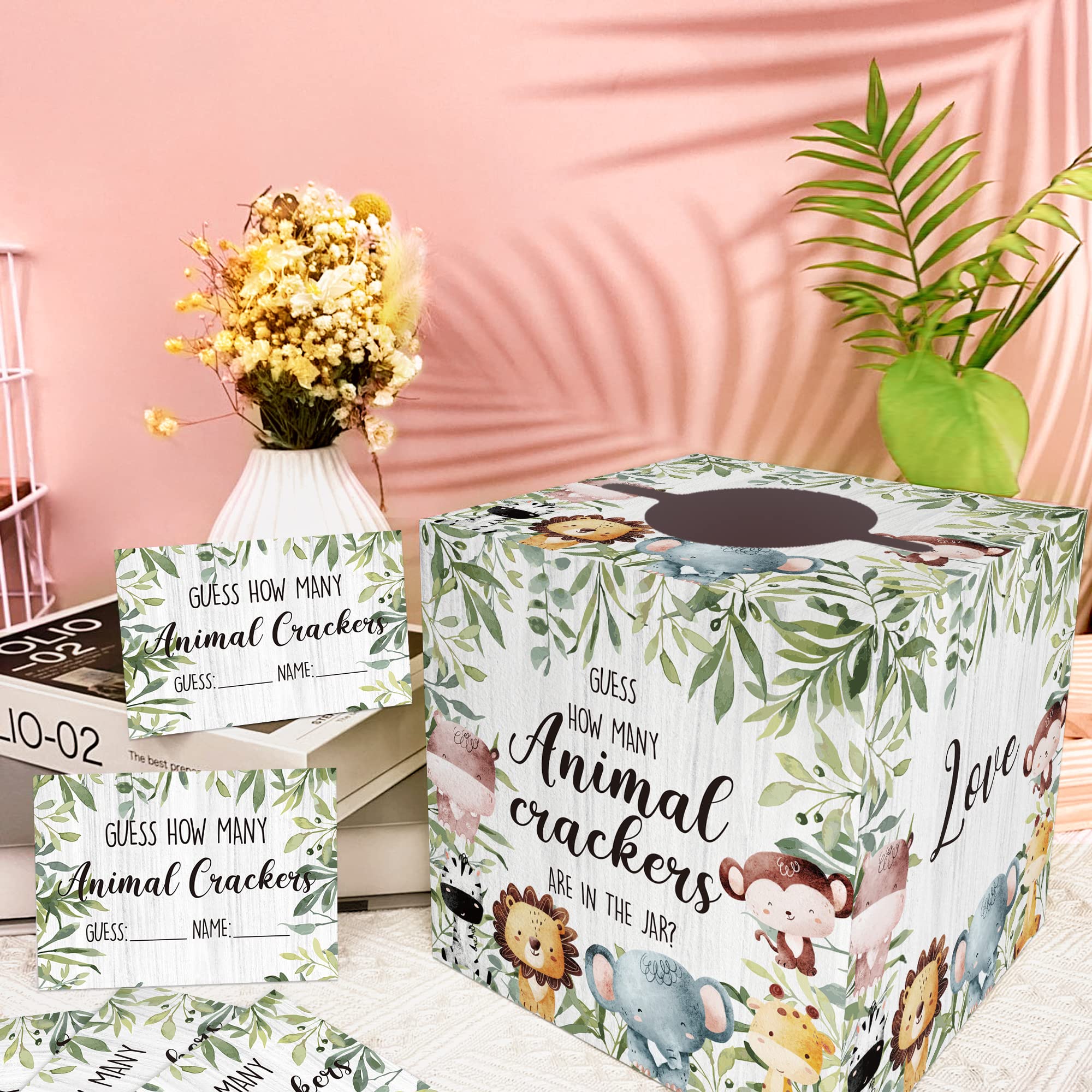 Cute Animals Baby Shower Game Cards With Box, Guess How Many Animal Crackers, Baby Shower Game With Box And 50 Guessing Cards, B