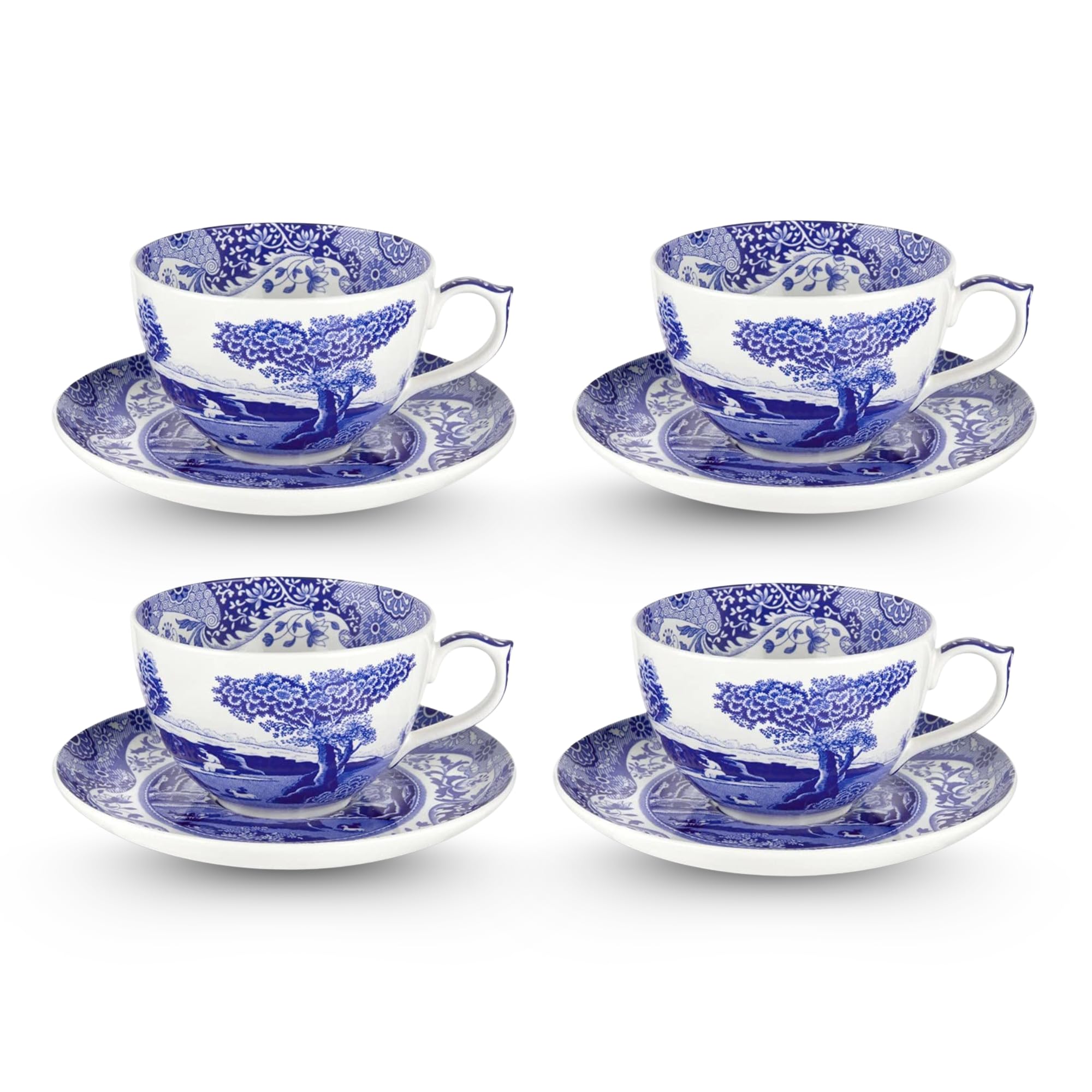 Spode Blue Italian Teacup and Saucer | Set of 4 Jumbo Mugs | Coffee Mug | 20 Ounce Cup for Tea, Lattes, Espressos, and Hot Bever