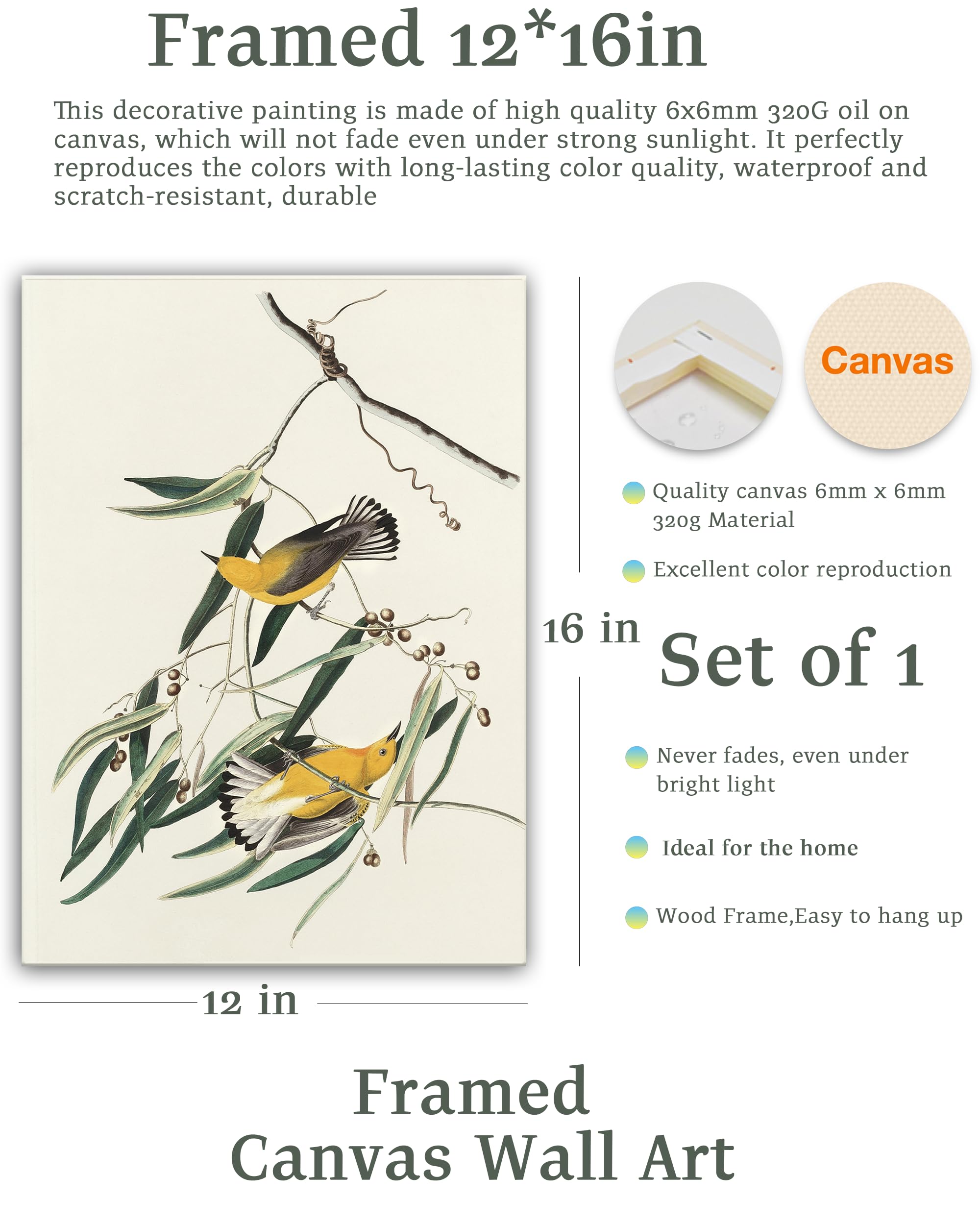 Upwoigh Bathroom Wall Art Decor, Yellow Bird Wall Art-Hummingbird Pictures For Wall, Waterproof Wood Framed Canvas Wall Art Anim