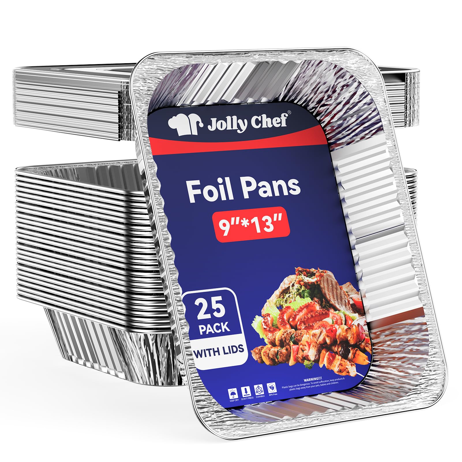 Jolly Chef 9X13 Aluminum Pans With Lids (25 Pack)- Disposable Foil Food Containers With Lids For Cooking, Heating, Storing, Prep