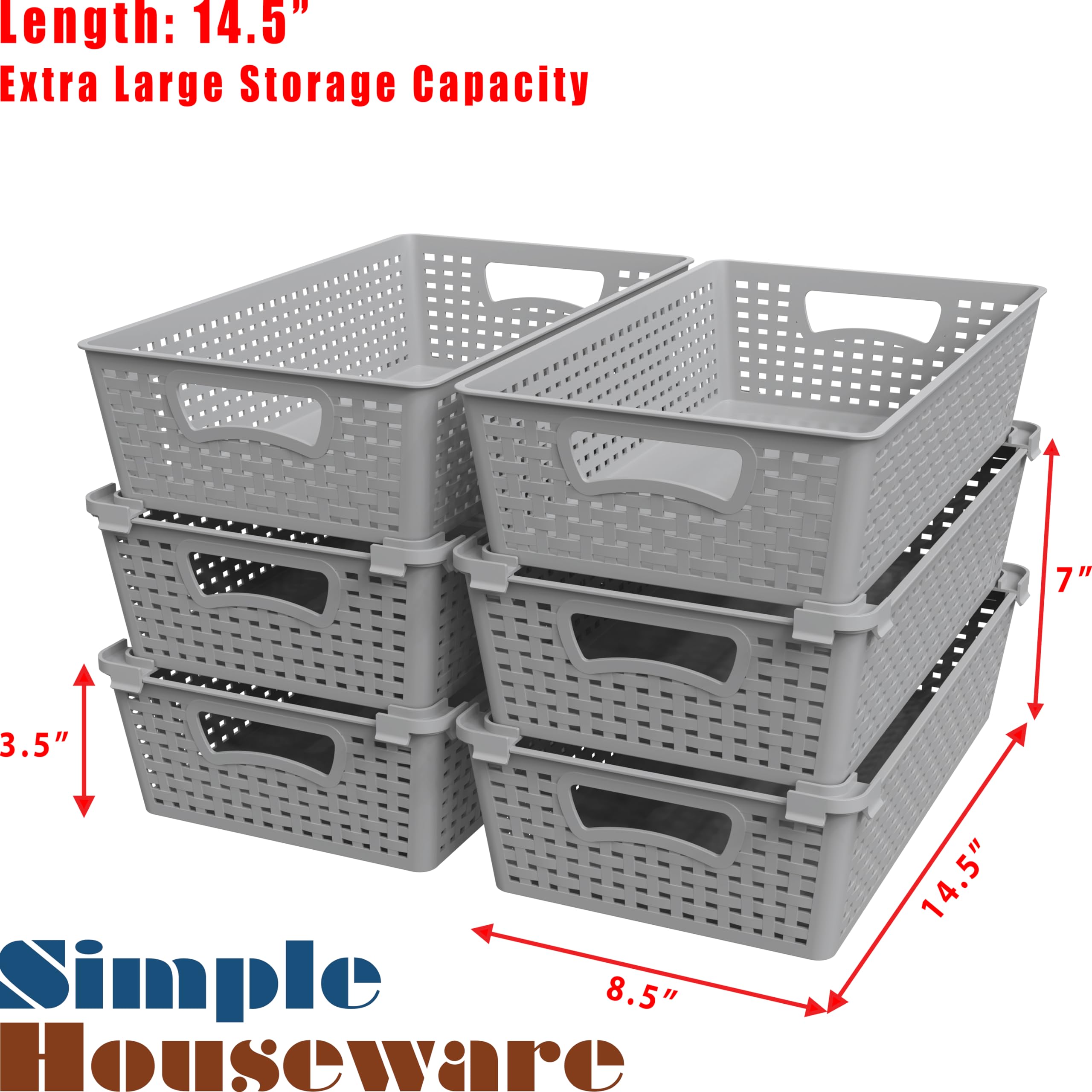 Simple Houseware Stackable Plastic Woven Basket Organizer, 6 Pack, 14.5'' X 8.5'' X 3.5'', Gray